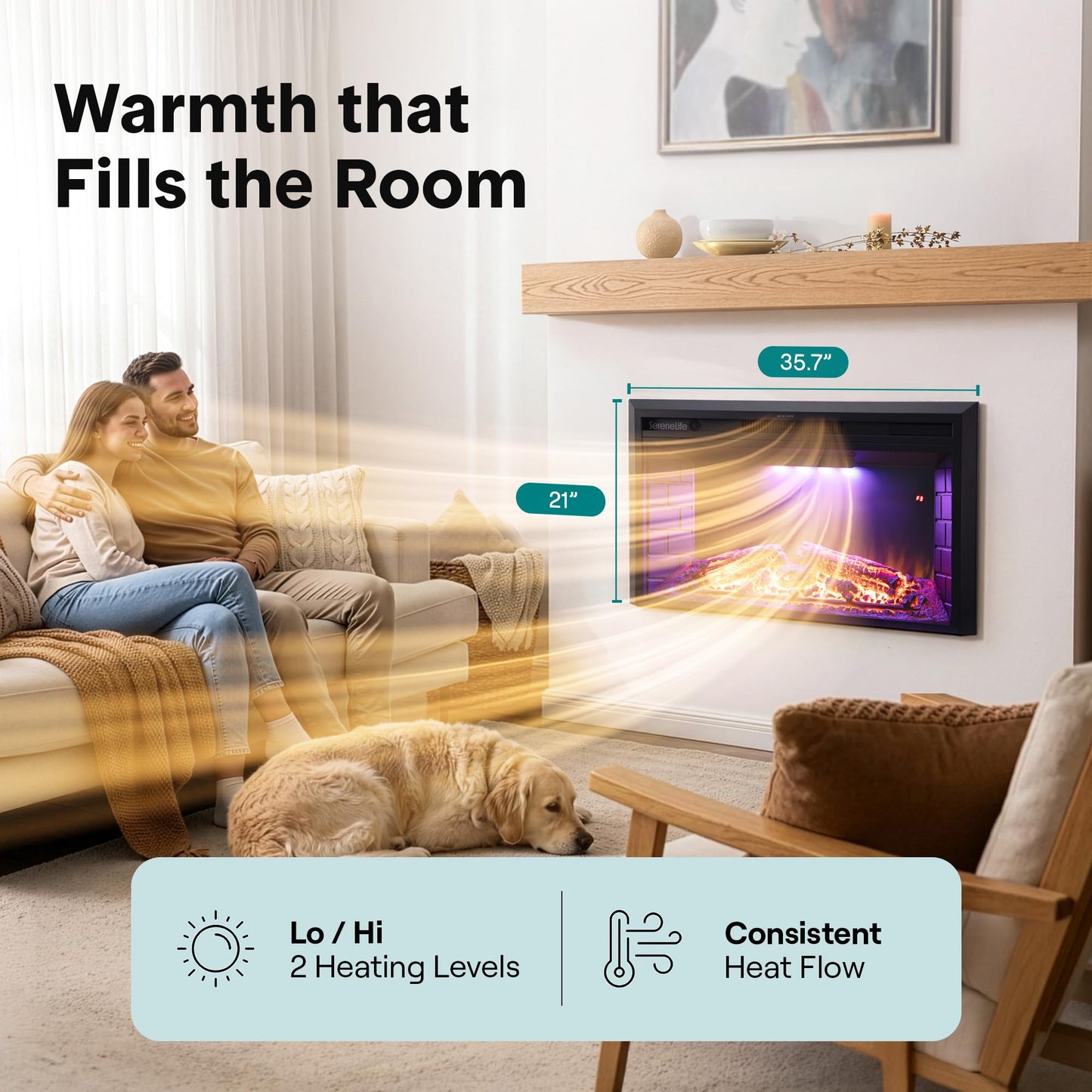 SereneLife Electric Fireplace Insert with Heater | Smart Wi-Fi App Control & Remote | 700W/1500W Adjustable Thermostat with Overheat Protection | 36"x21" Recessed or Wall Mount Design