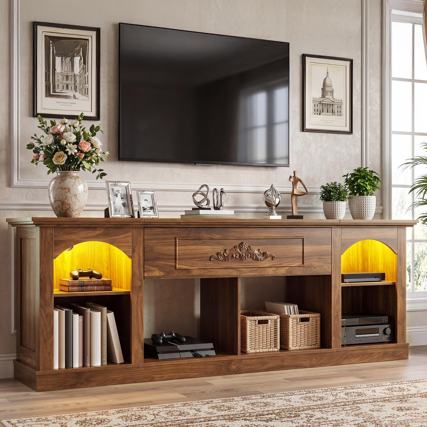 YITAHOME Farmhouse TV Stand with RGB LED Lights, 70 inch Entertainment Center with Flip-Down Carved Door, Media Console for 75/80 Inch TV, Adjustable Shelf & Open Storage for Living Room, Walnut