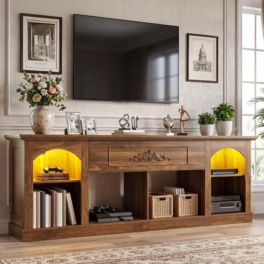 YITAHOME Farmhouse TV Stand with RGB LED Lights, 70 inch Entertainment Center with Flip-Down Carved Door, Media Console for 75/80 Inch TV, Adjustable Shelf & Open Storage for Living Room, Walnut