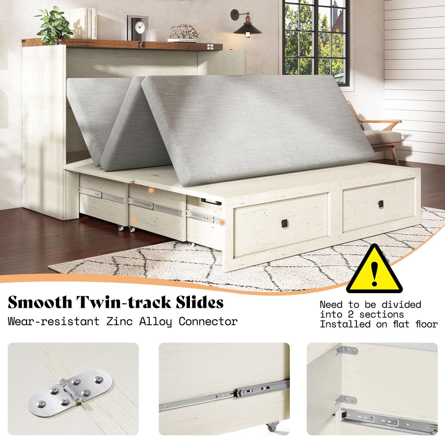 AMERLIFE Queen Murphy Bed with Storage & Charging Station, Farmhouse Murphy Cabinet with Foldable Panel, Noisy Free, for Guest Bedroom, Living Room, Office, Distressed White