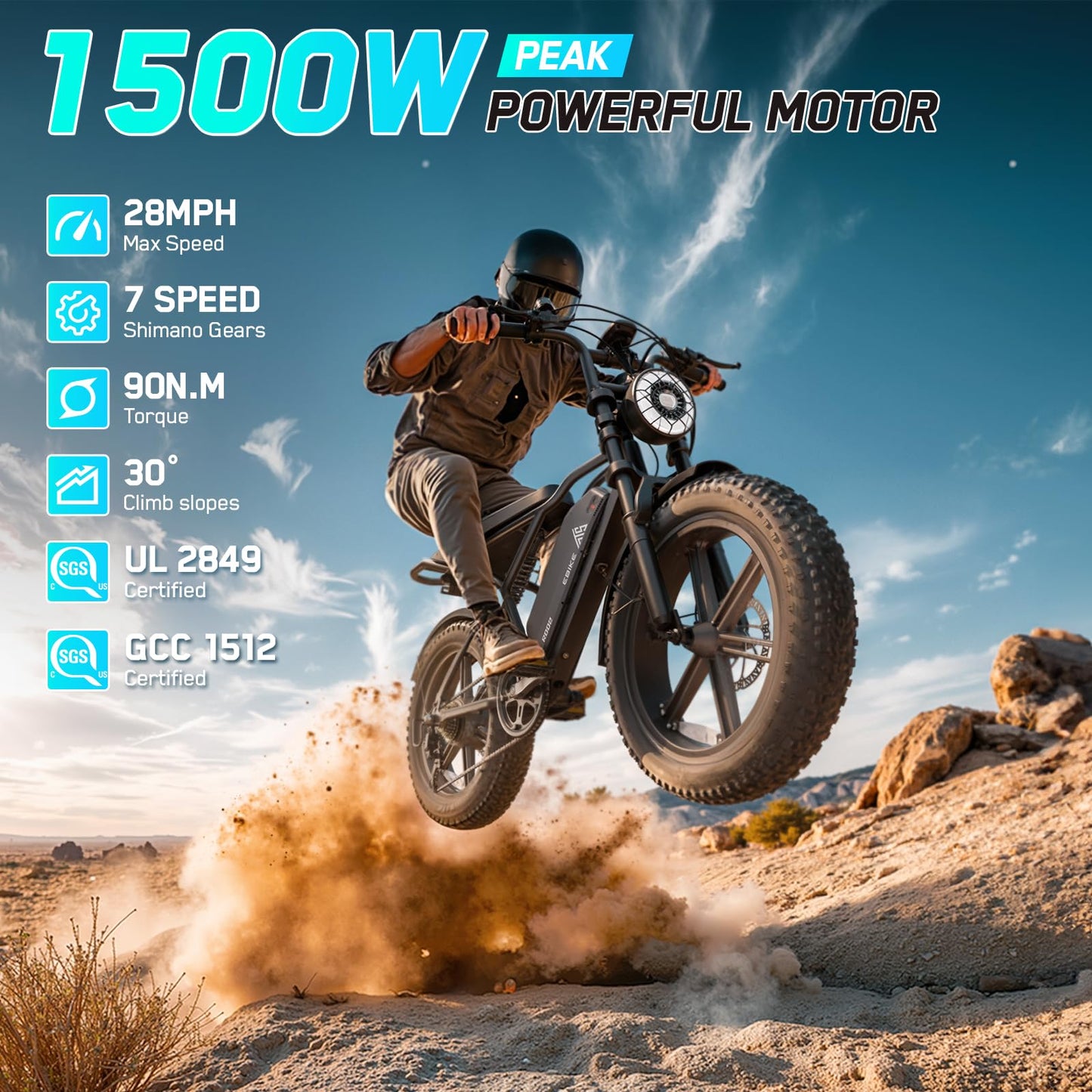 TST Electric Bike for Adults 1500W Peak 20" Fat Tire All- Terrain E-Bike 60 Miles Electric Dirt Bike - 48V 15 AH Battery Tested to Safety Tested to UL 2849 Powered Electric Bicycle