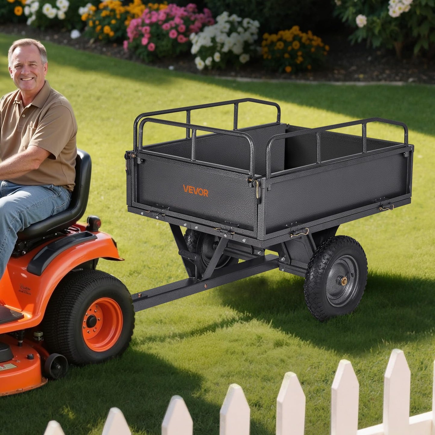 VEVOR 10 Cu.Ft. & 500lbs ATV Trailer Dump Cart Tow Behind, Heavy Duty Utility UTV Trailer, Tow Behind Steel Yard Dump Wagon Cart with 14" Tires for Lawn Mower Tractor