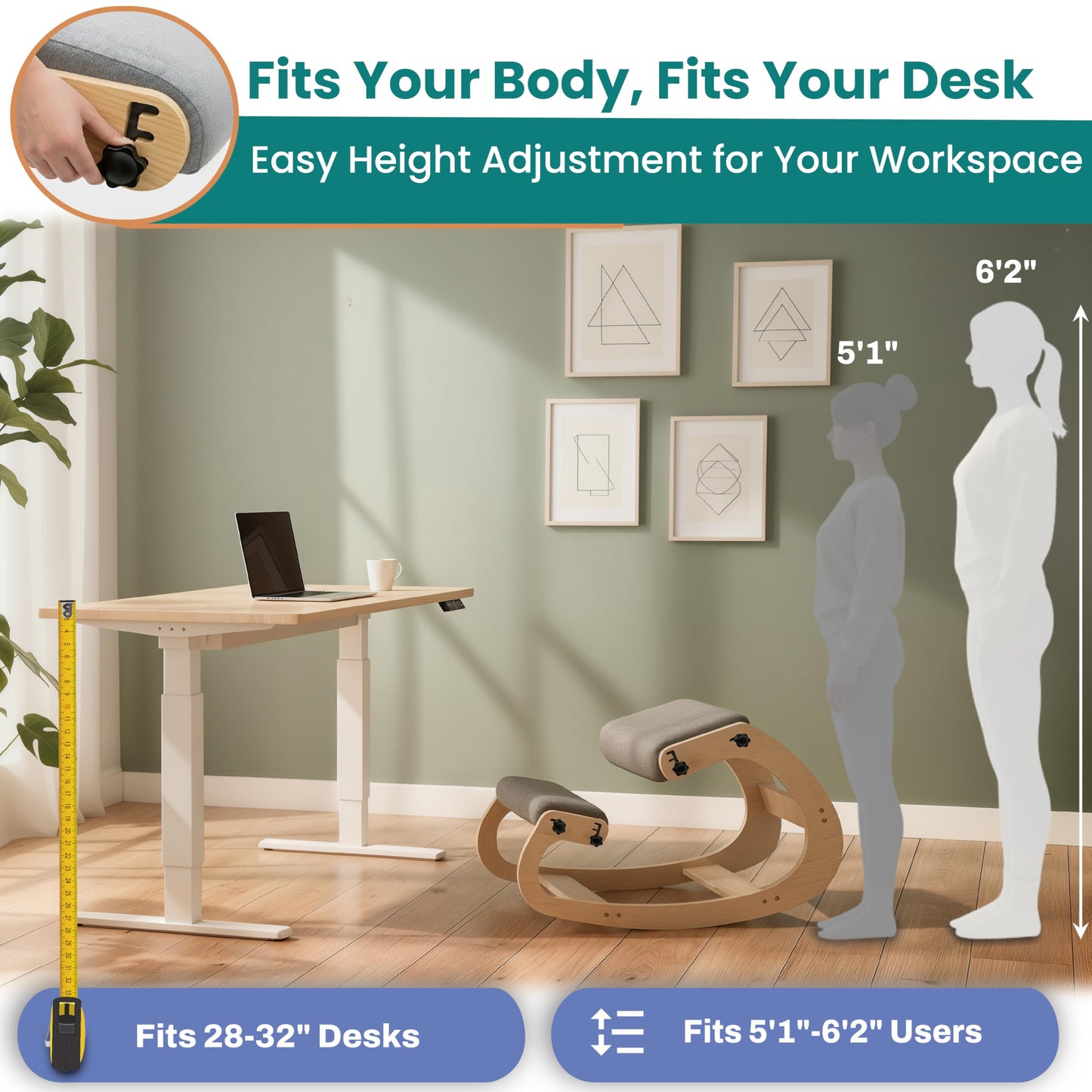NYPOT Ergonomic Kneeling Chair with Adjustable Seats - Knee Chair for Posture Correction & Kneel Rocking Stool for Desk - Back Pain Relief for Home and Office, Supports 250 pounds - 5 Years Warranty