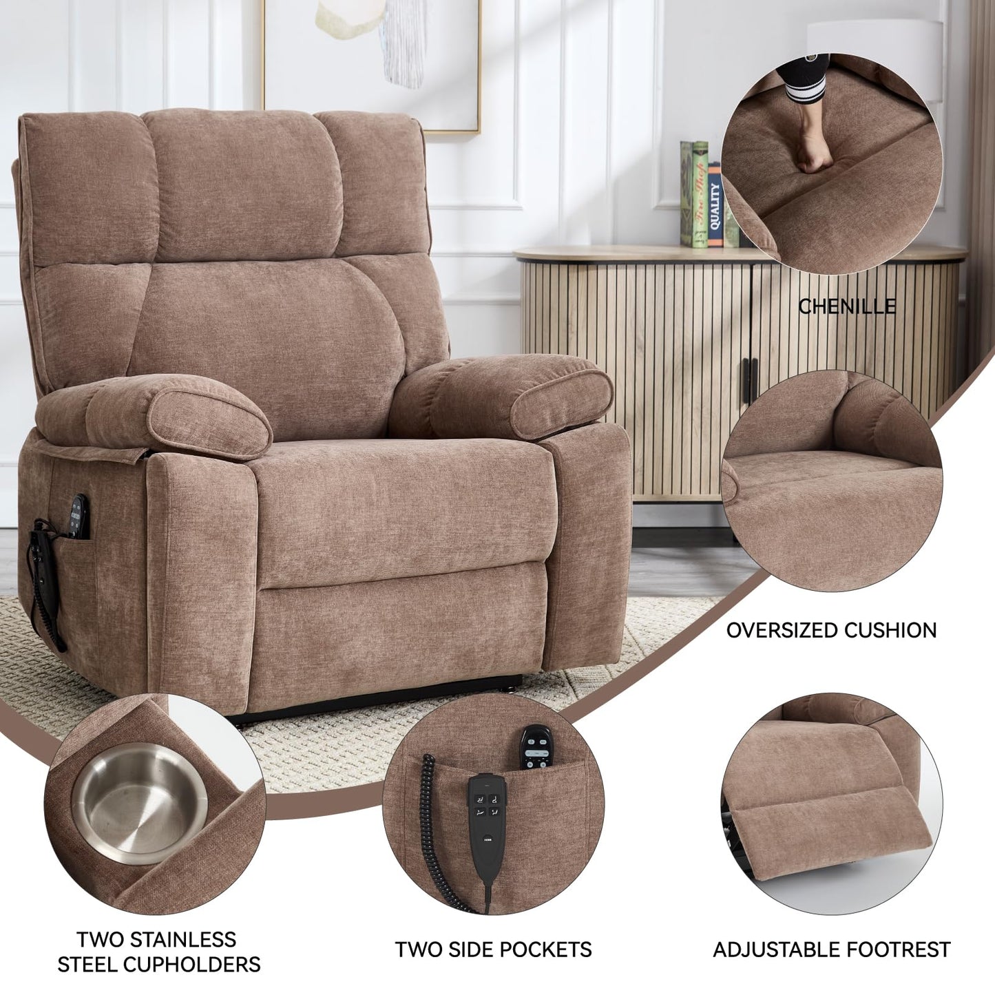 KEIKI Chenille Electric Power Lift Recliner Chair with Heat Massage, Hidden Cup Holders & Timer Function, Elderly Lazy Boy Sofa Seating for Home Theater, Infinite Position, Dual Motor, Up to 350 LBS