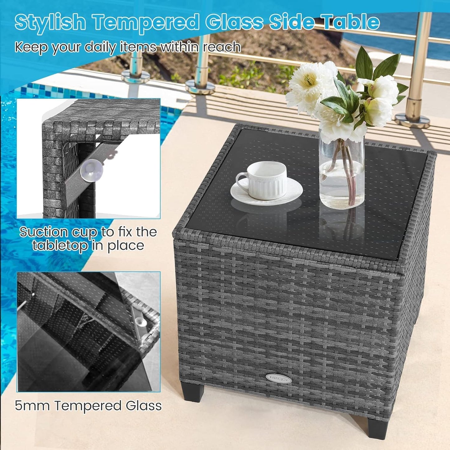 LDAILY Patio Furniture Set, 3 Pieces PE Rattan Wicker Patio Sofa Chairs with Washable Cushion & Glass Table, Outdoor Furniture Conversation Sets for Porch, Balcony, Garden, Poolside (Gray)