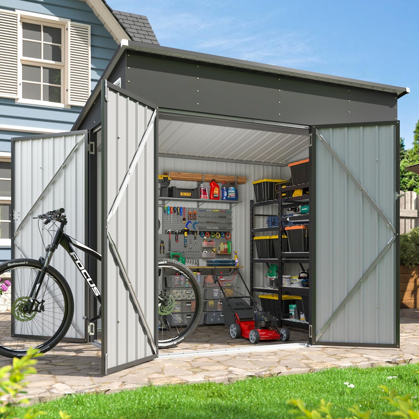 Aoxun 7'x4' 3-Lockable Door Metal Storage Shed, Metal Outdoor Garden Shed - Elevated Height & Sloped Roof Design for Bicycle, Tool, Snow Blower Storage (Black)
