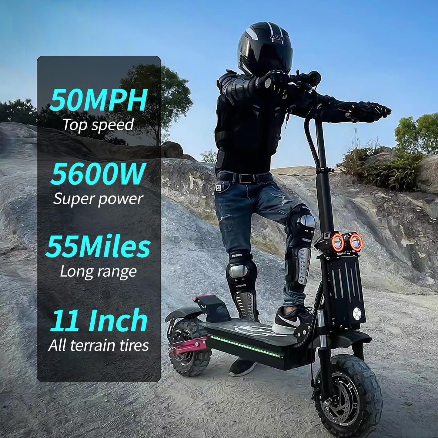 HLOIE H1 GEN2 Electric Scooter for Adults 5600W Dual Motor Up to 50MPH,Battery Range to 55Miles Fast Sports Escooter 11" Off Road Tires 800lbs Max Load Folding Scooter for Teens with Detachable Seat