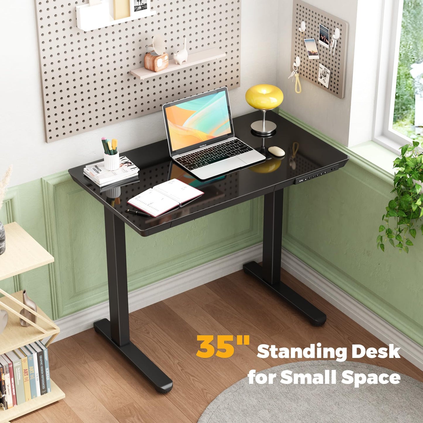 JYLH JOYSEEKER Glass Electric Standing Desk with Drawer, 35" x 20" Whole Piece Tabletop Samll Sit Stand Table, Height Adjustable Workstation with Storage & USB Ports, Quick Install Home Office Desk