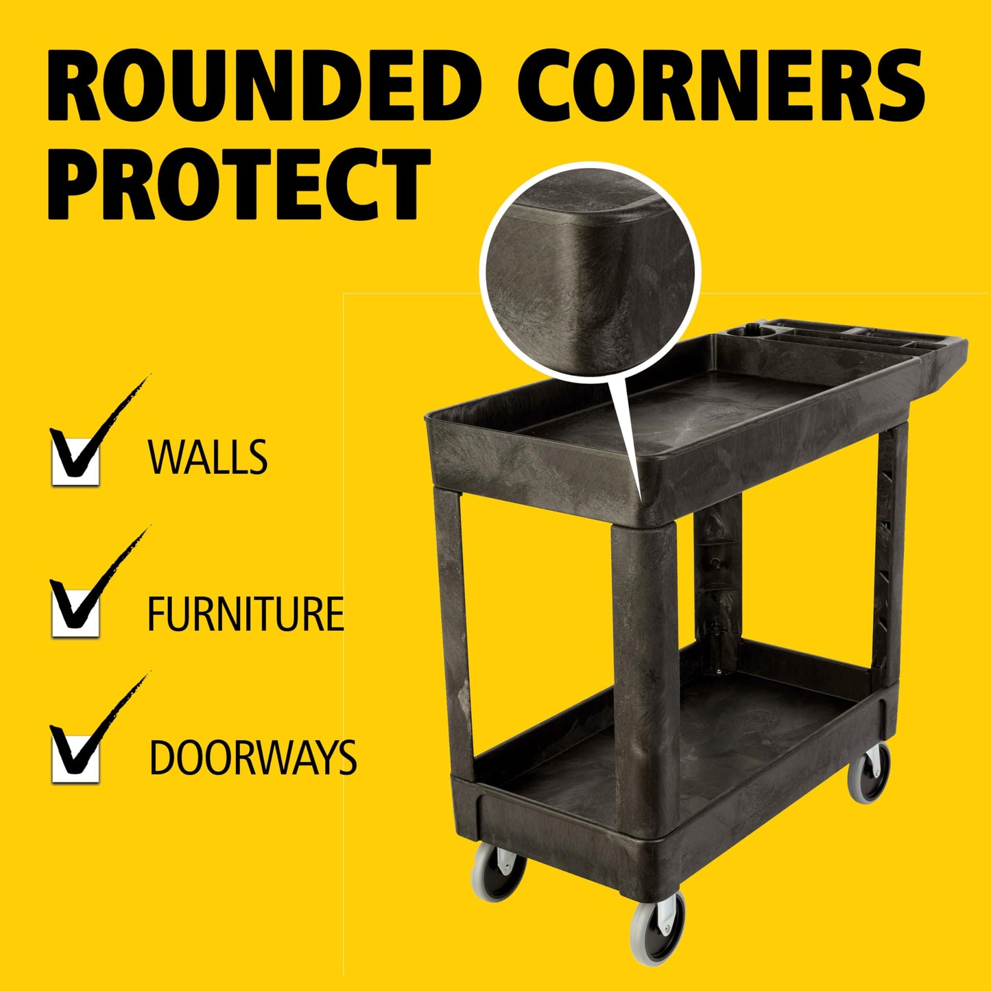 Rubbermaid Commercial Products 2-Shelf Utility/Service Cart, Small, Lipped Shelves, Storage Handle, 500 lbs. Capacity, for Warehouse/Garage/Cleaning/Manufacturing