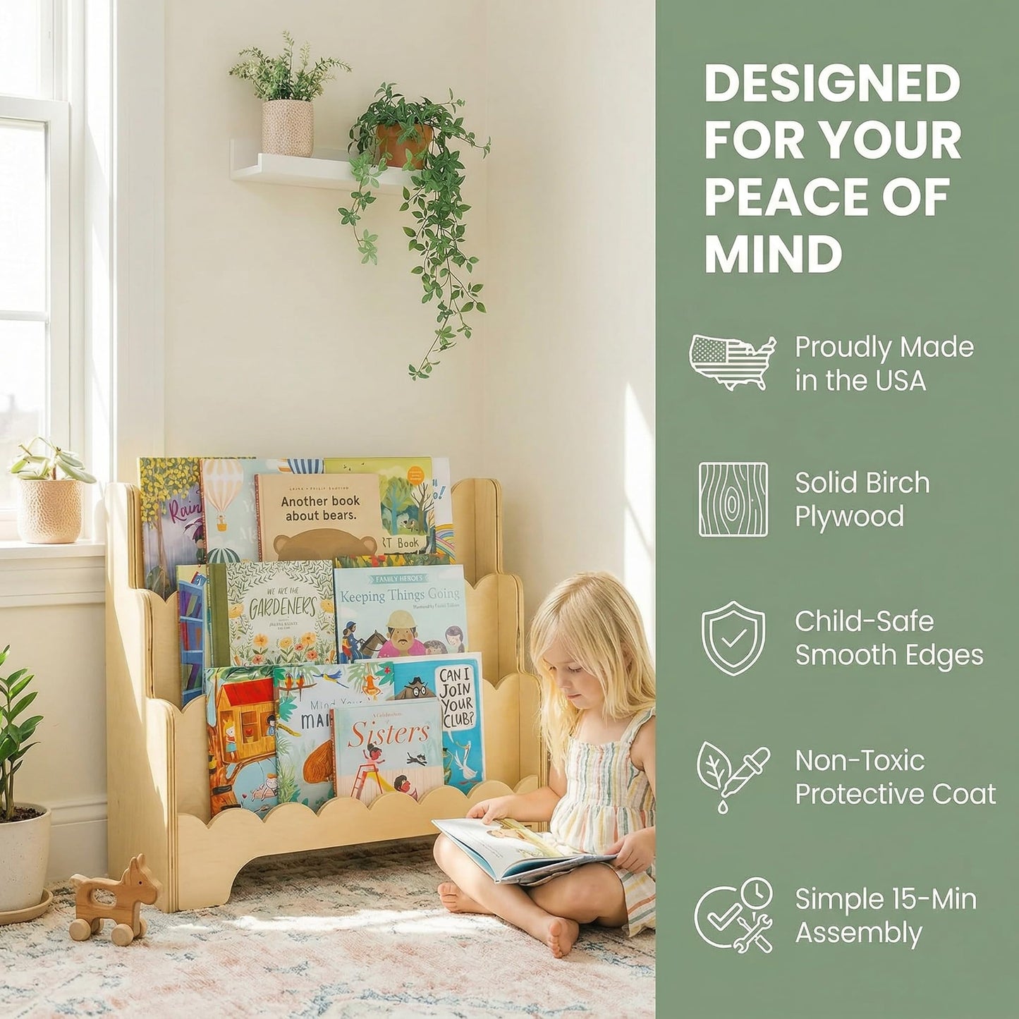 Fable Twig Wooden Kids Bookshelf w/Scalloped Edges- Made in USA- Perfect Height 3-Tier Montessori Shelf- Durable Childrens Bookcase for Kids Room or Playroom- Baby Book Shelf Nursery