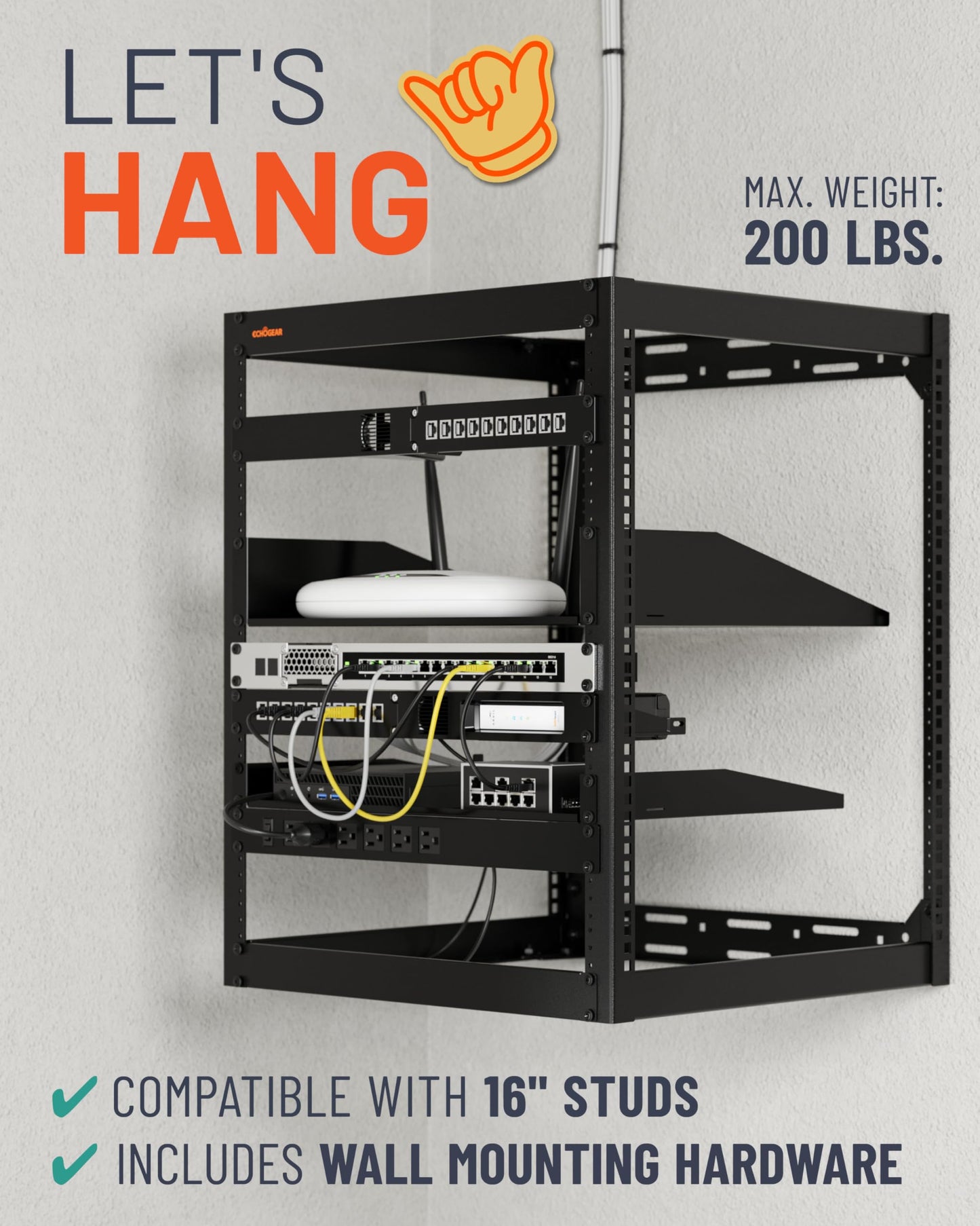 ECHOGEAR 15U Open Frame Rack for Servers & AV Gear - Wall Mountable Design Includes 2X Vented Shelves, 25x Rack Mounting Screws, 4X Leveling Feet, 4X Shelf Stops, & 2X Securement Straps