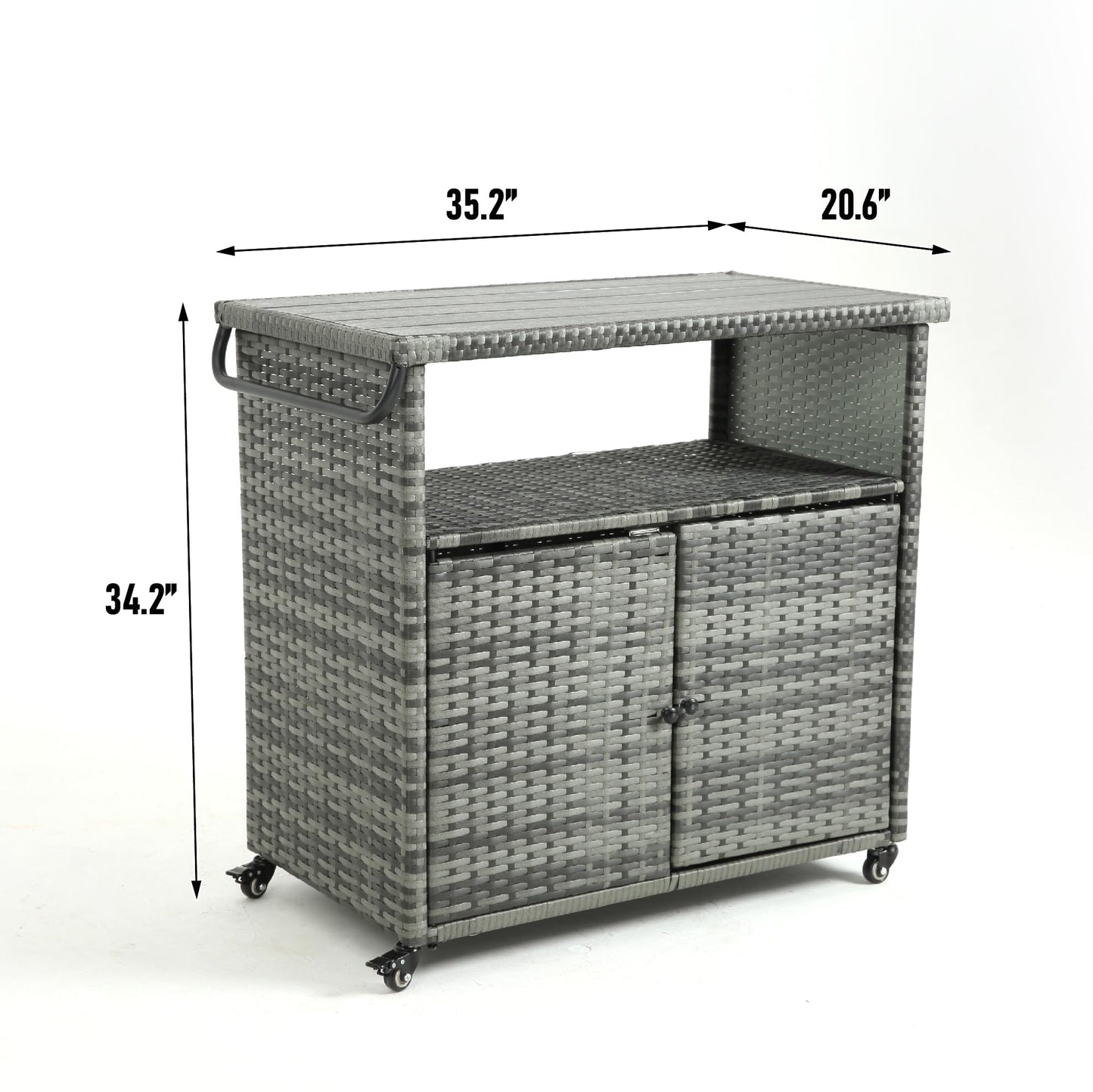 GDFStudio Outdoor Wicker Bar Cart with Wheels, Patio Rolling Rattan Beverage Serving Cart with Plastic Wood Top, Storage Cabinet Wine Trolley for Backyard, Garden, Poolside, Porch Party, Light Brown