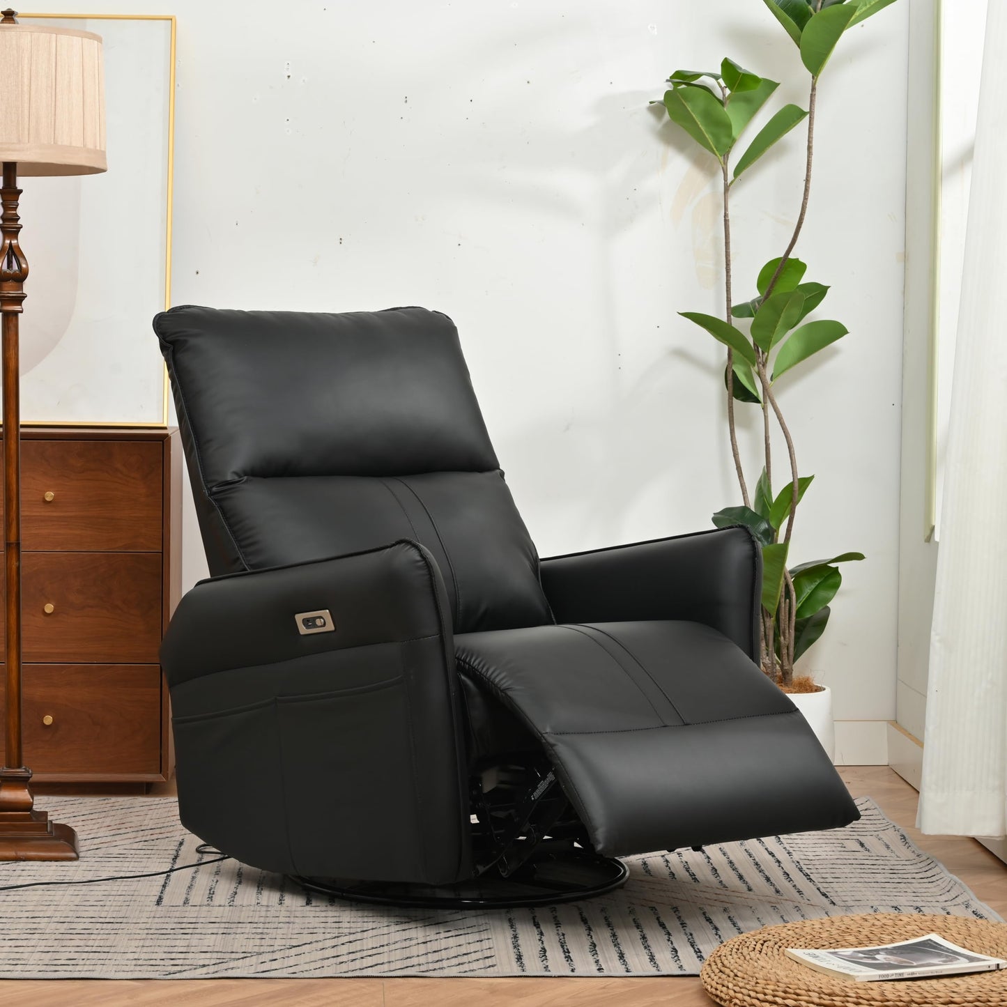 KEIKI 270 Degree Power Swivel PU Leather Power Recliner Chair, Nursery Recliners, Home Theater Recliner Chair, Electric Glider Reclining Sofa with USB Ports, Black