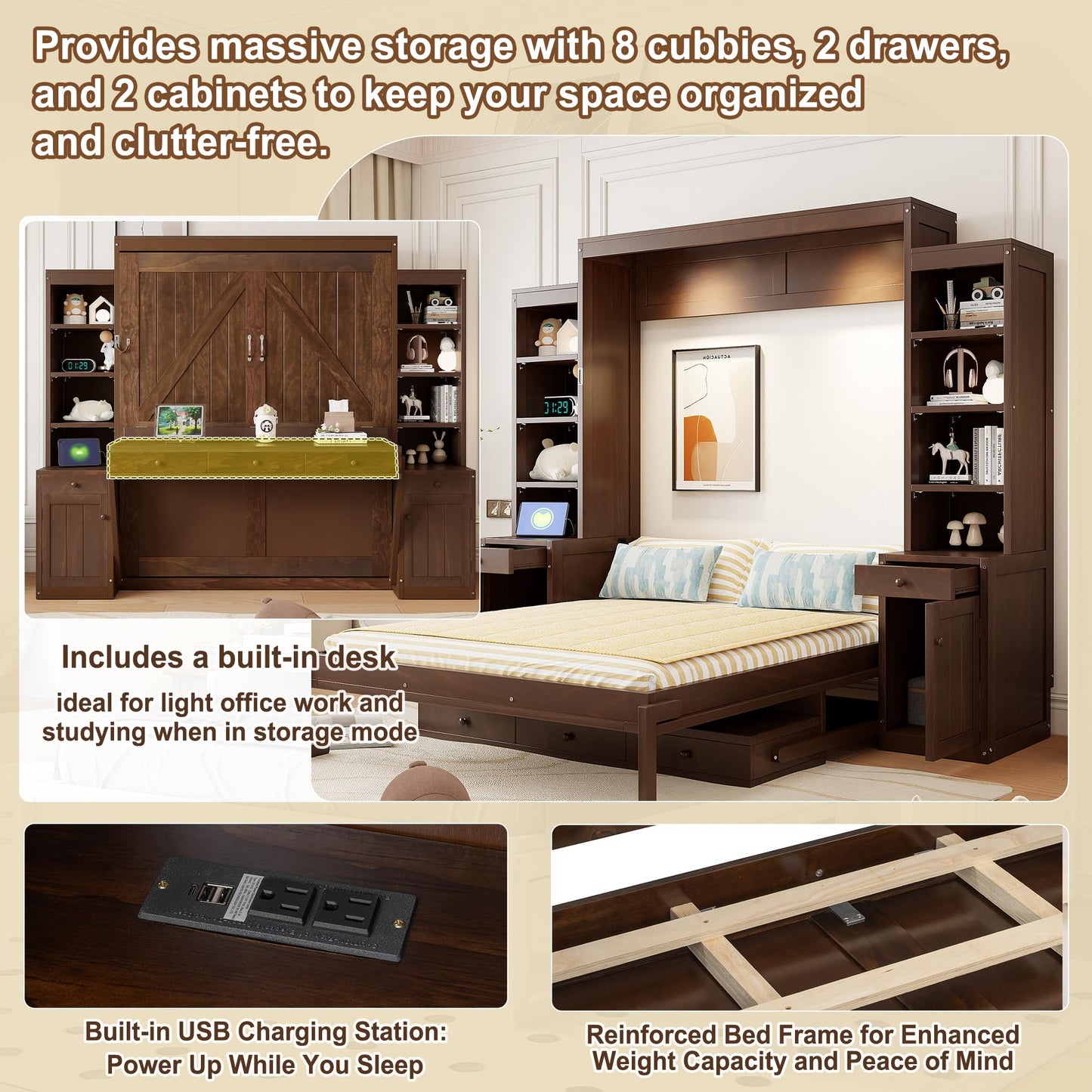 Merax Murphy Bed with Desk, Storage Cabinets and Drawers, Wood Wall Bed with Shelves, Convert to Cabinet, Space-Saving, Queen Size, Dark Brown
