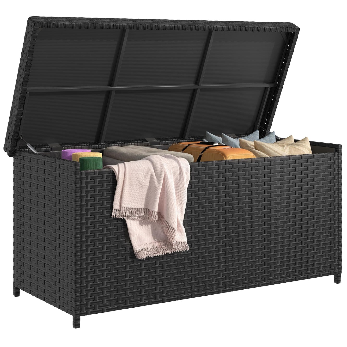 YITAHOME 260 Gallon Deck Box, XXL Wicker Outdoor Storage Box, Oversized Rattan Storage Cabinet for Patio Furniture, Cushions, Pool Storage and Garden Tools (Black)