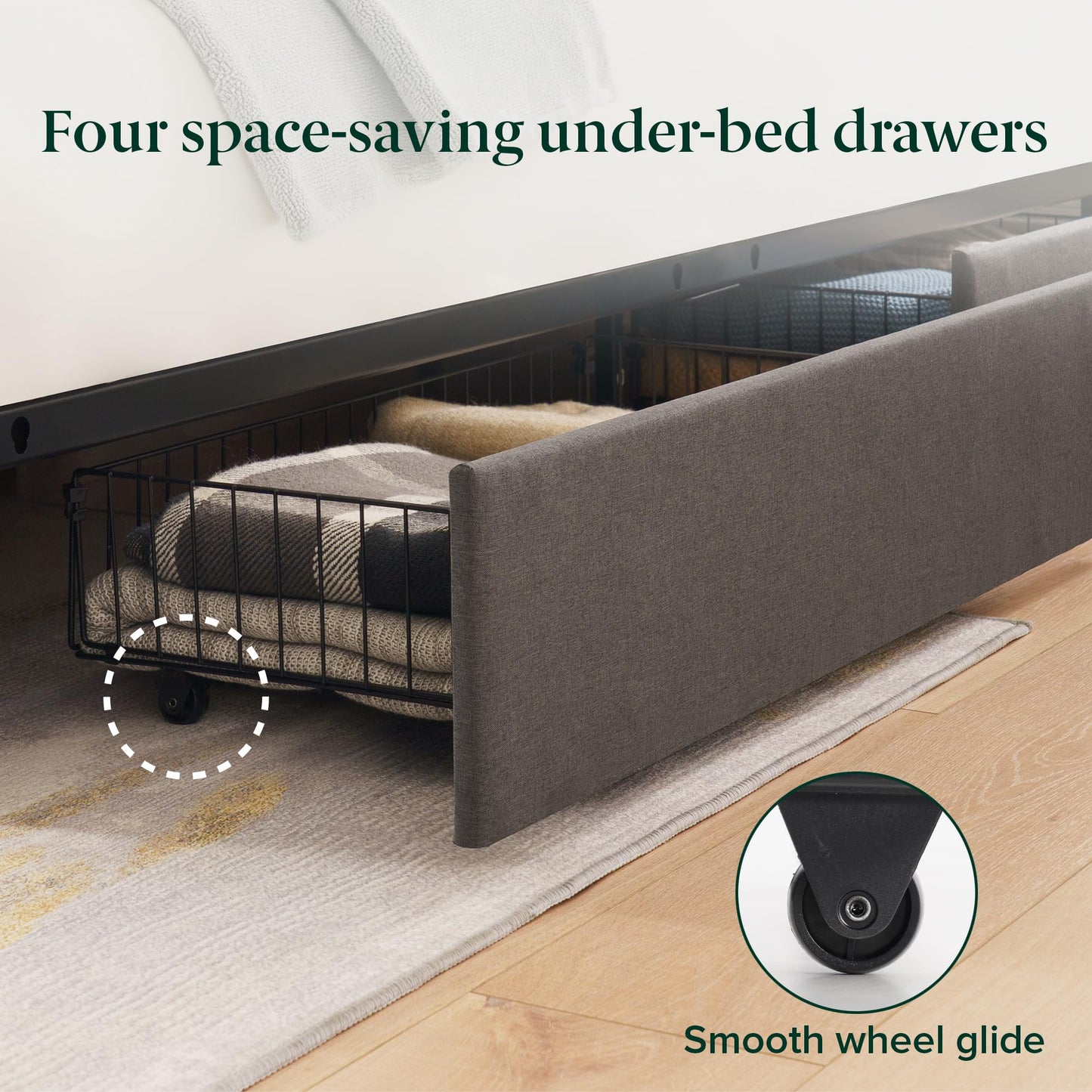 Zinus Billie Platform Bed Frame, Four Underbed Storage Drawers, Height Adjustable Headboard, Upholstered Style, Queen