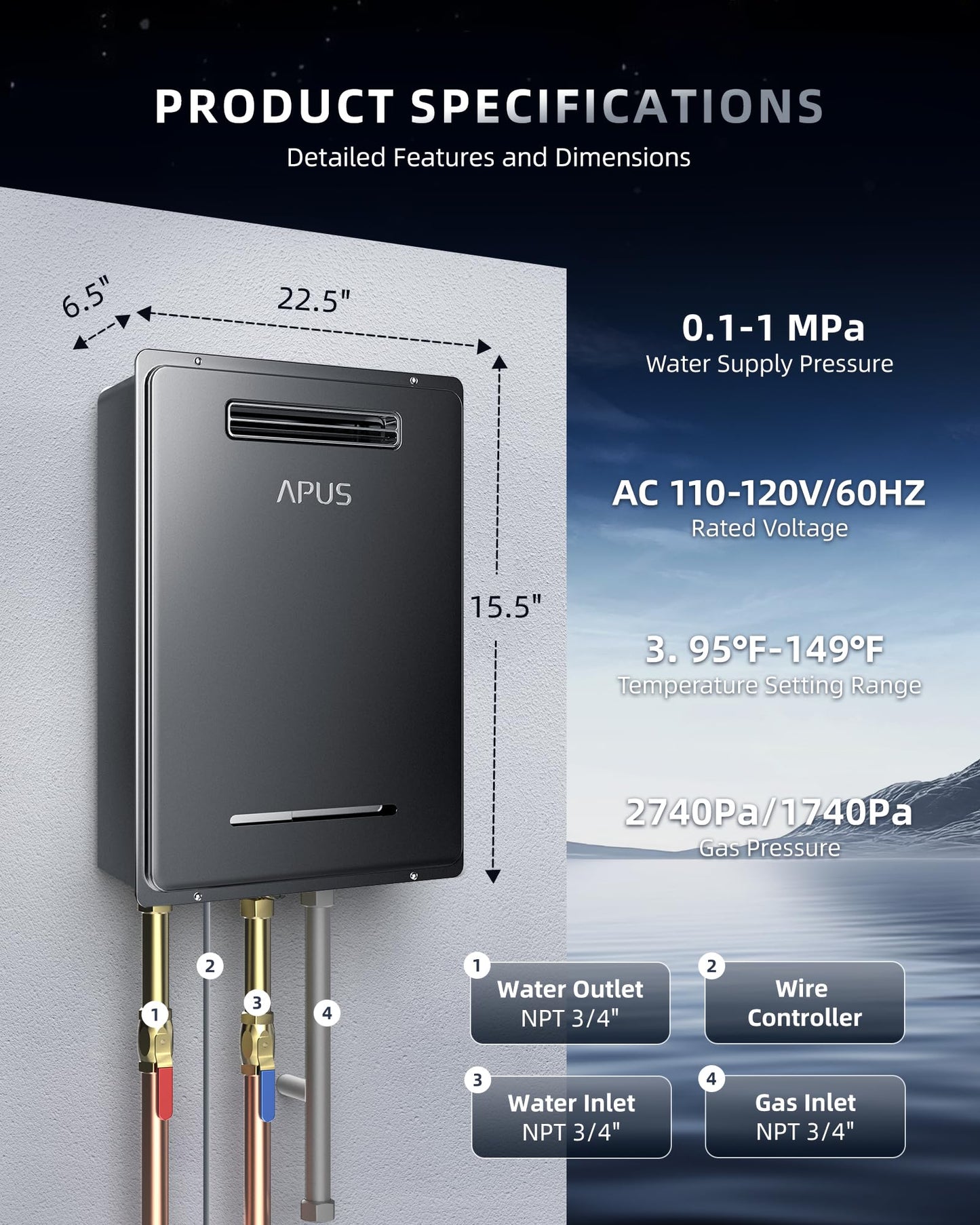 APUS 190,000 BTU Outdoor Tankless Water Heater, 8.1 GPM Natural Gas Instant Hot Water Heater with WiFi & Remote Control, High Efficiency for Supports 5 Outlets