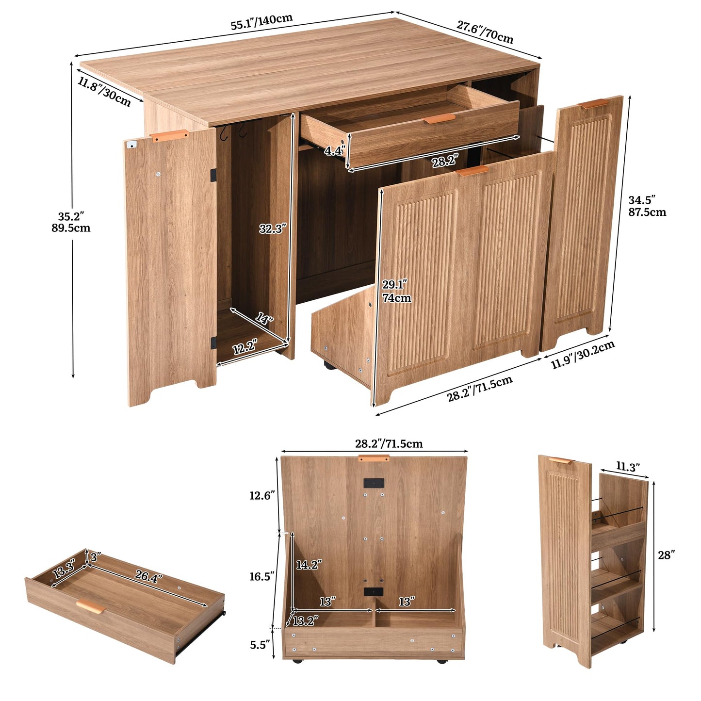 YITAHOME Expandable Kitchen Island with Hidden Trash Cabinet, 55.1" Rolling Kitchen Island with Drop Leaf, Storage Drawer & 3-Tier Side Shelves, Mobile Kitchen Island on Wheels with Towel Bar & Hooks