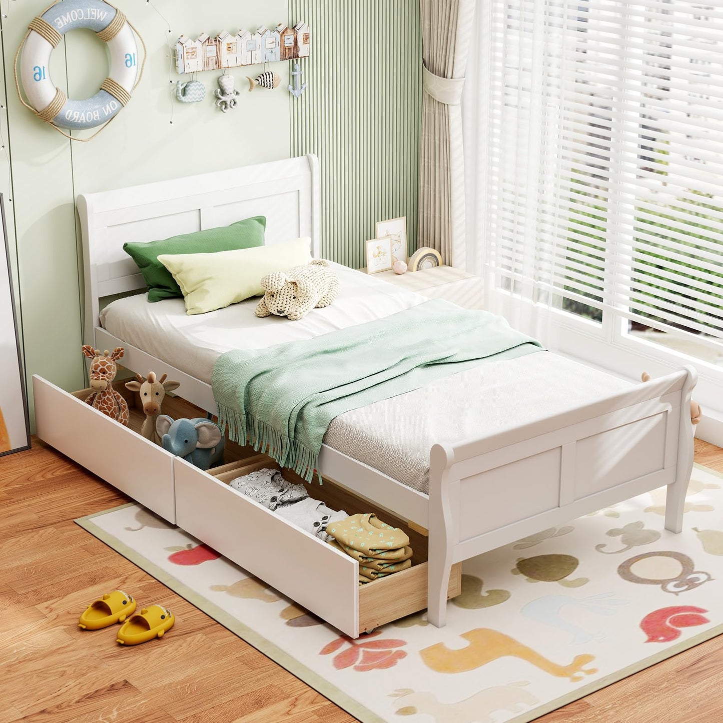 Giantex Twin Bed with 2 Storage Drawers, Wood Platform Bed with Headboard & Footboard, Wooden Slats Support Mattress Foundation, Twin Bed Frames for Kids Teens Adults, No Box Spring Needed (White)