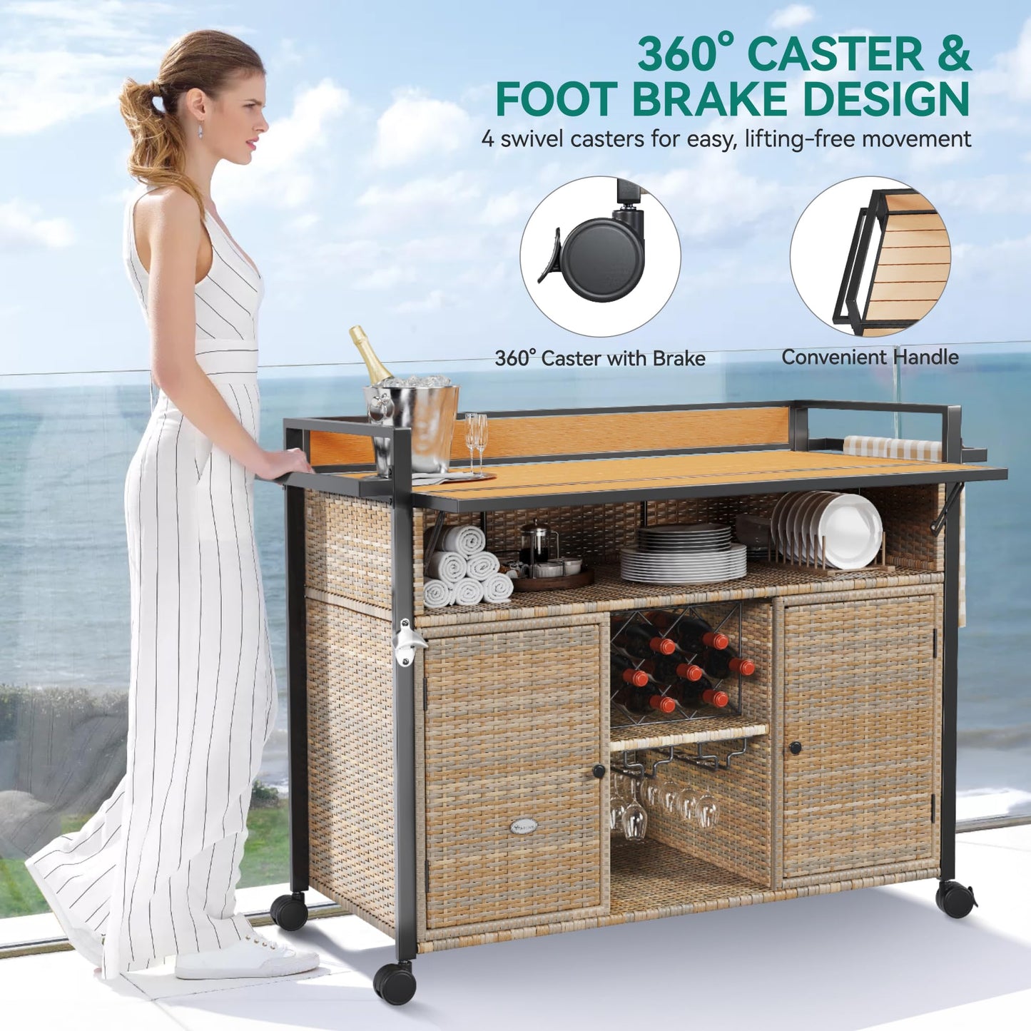 YITAHOME XL Outdoor Kitchen Wicker Island Rolling Cart Bar Table & Storage Cabinet, Wheels and Plastic Wood Extended Table Top, Double Handle for Patio Kitchen or Bar Cart,Light Yellow Gradient