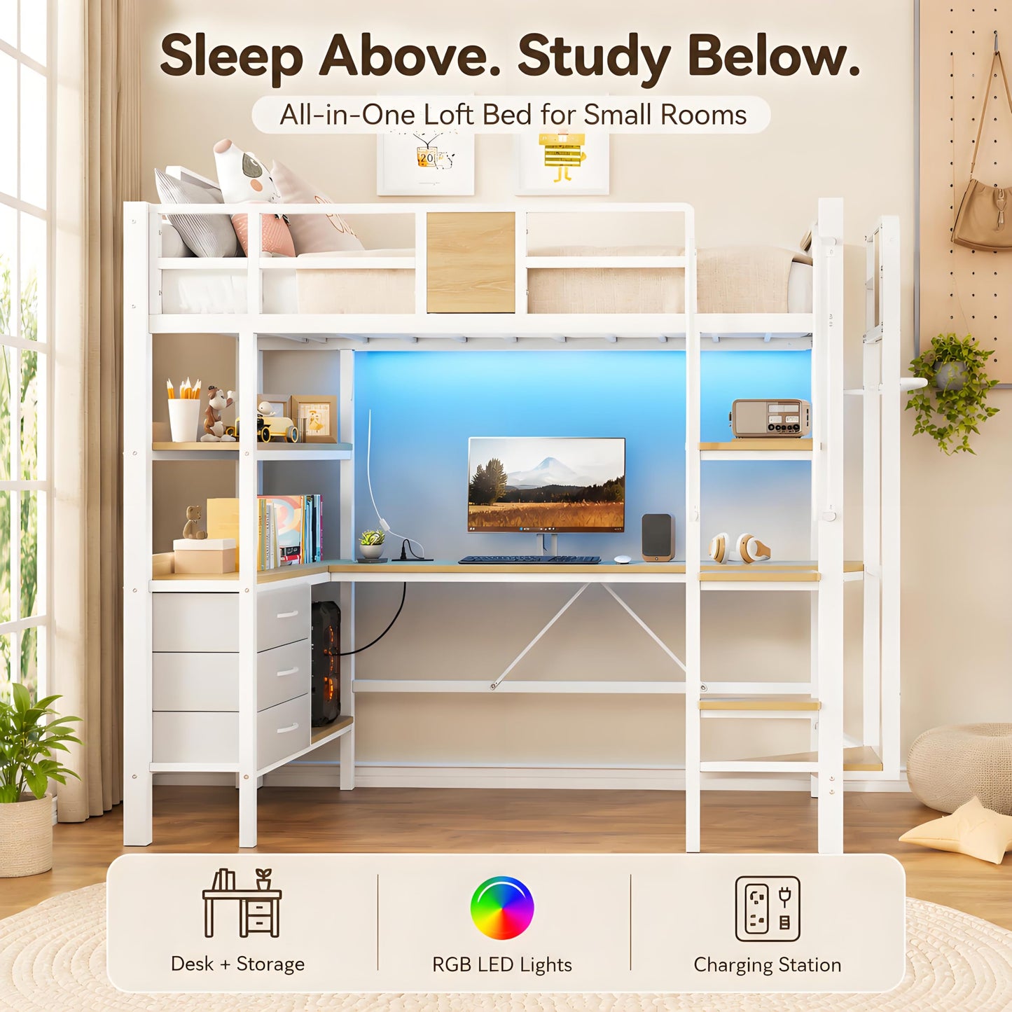 GarveeLife Twin Size Loft Bed Frame with Desk and Storage Shelves, Metal Loft Bed with Ladder and Full-Length Guardrails, Space Saving Kids Bed with Built-in Workstation for Bedroom, White