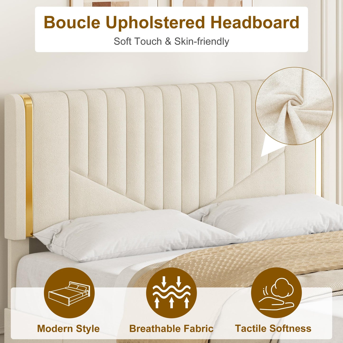 Garvee Upholstered Full Size Bed Frame with Adjustable Headboard, Luxury Golden Tufted Platform Bed with 4 Storage Drawers, Wooden Slats Support, No Box Spring Needed, Easy Assembly - Beige