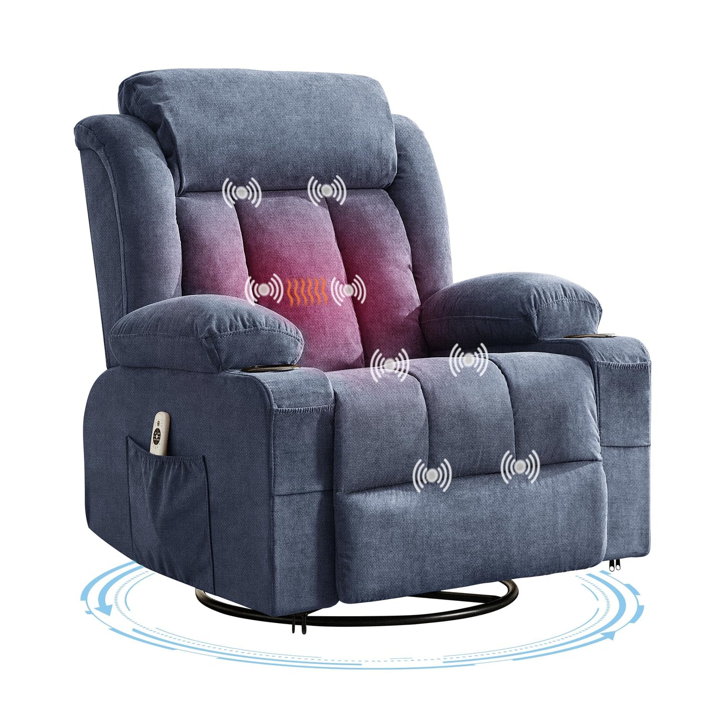 Oversized Swivel Rocker Recliner Chair with Heat & Massage, 3-Position Adjustable Nursery Recliner for Adults, Dual Cup Holders, Side Pockets, USB Charging Ports Blue