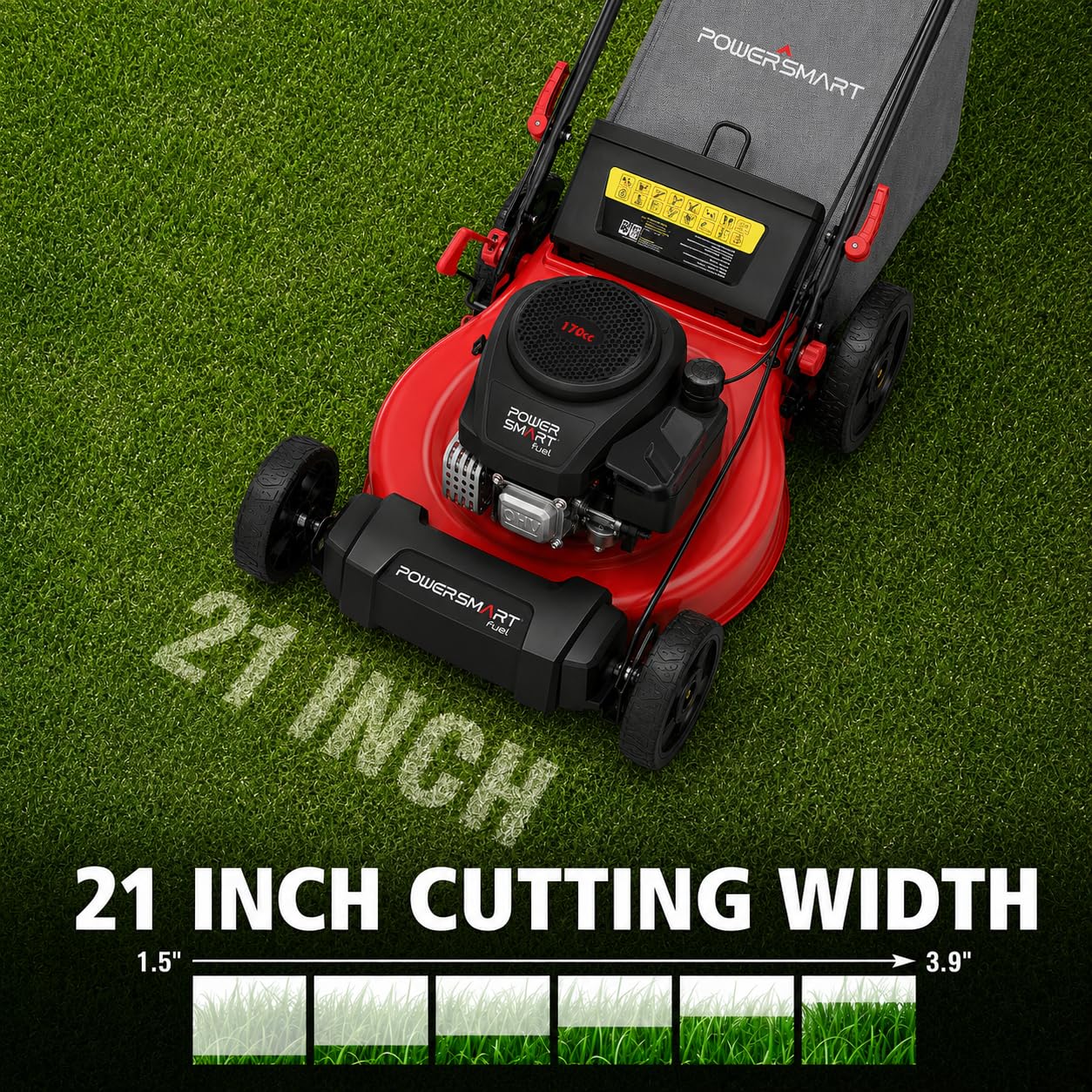 PowerSmart 21" Gas Self-Propelled Lawn Mower for Hills & Medium Yards | 170cc OHV | 3-in-1 Mulching/Bagging/Discharge | 6-Position Height | Alloy Steel Deck | Easy Start | Rear-Wheel Drive