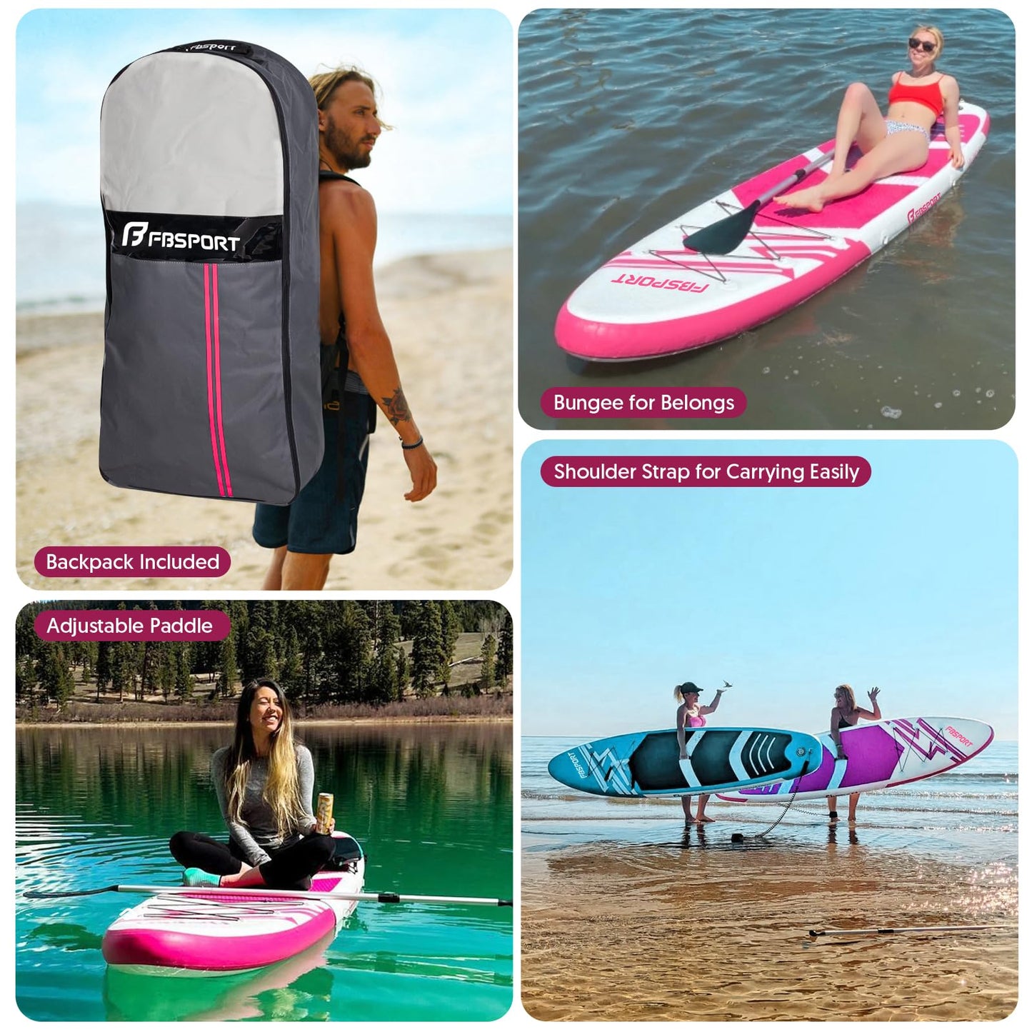 FBSPORT 11' Premium Stand Up Paddle Board, Yoga Board with SUP Accessories & Carry Bag | Wide Stance, Surf Control, Non-Slip Deck, Leash, Paddle and Pump for Youth & Adult (Pink)