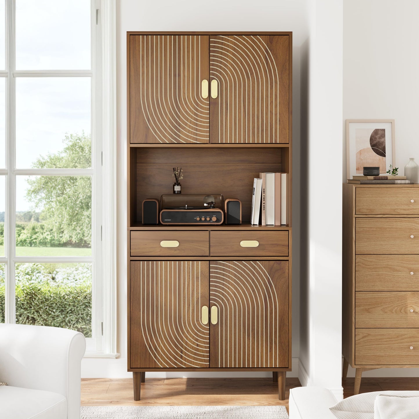 Smart FENDEE 70.87" Tall Kitchen Pantry Cabinet with Line Grooved Doors, Storage Cupboard with 2 Drawers, Adjustable Shelves & Gold Handles for Dining Room, Bathroom, Walnut