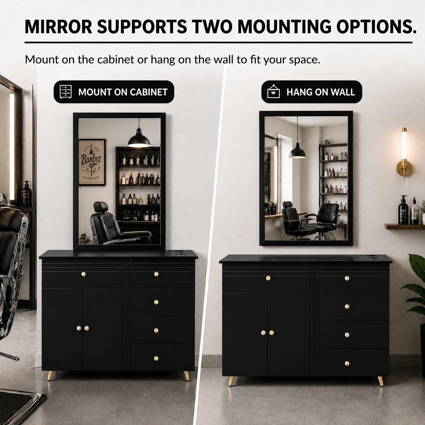 Merax Barber Salon Station with Metal Frame Mirror, Barber Cabinet Gold Legs & Handles, Multi-Zone Storage, 1 Storage Cabinet, 5 Drawers, Desktop Holes, Easy Assembly for Hair Salon, Black+Gold