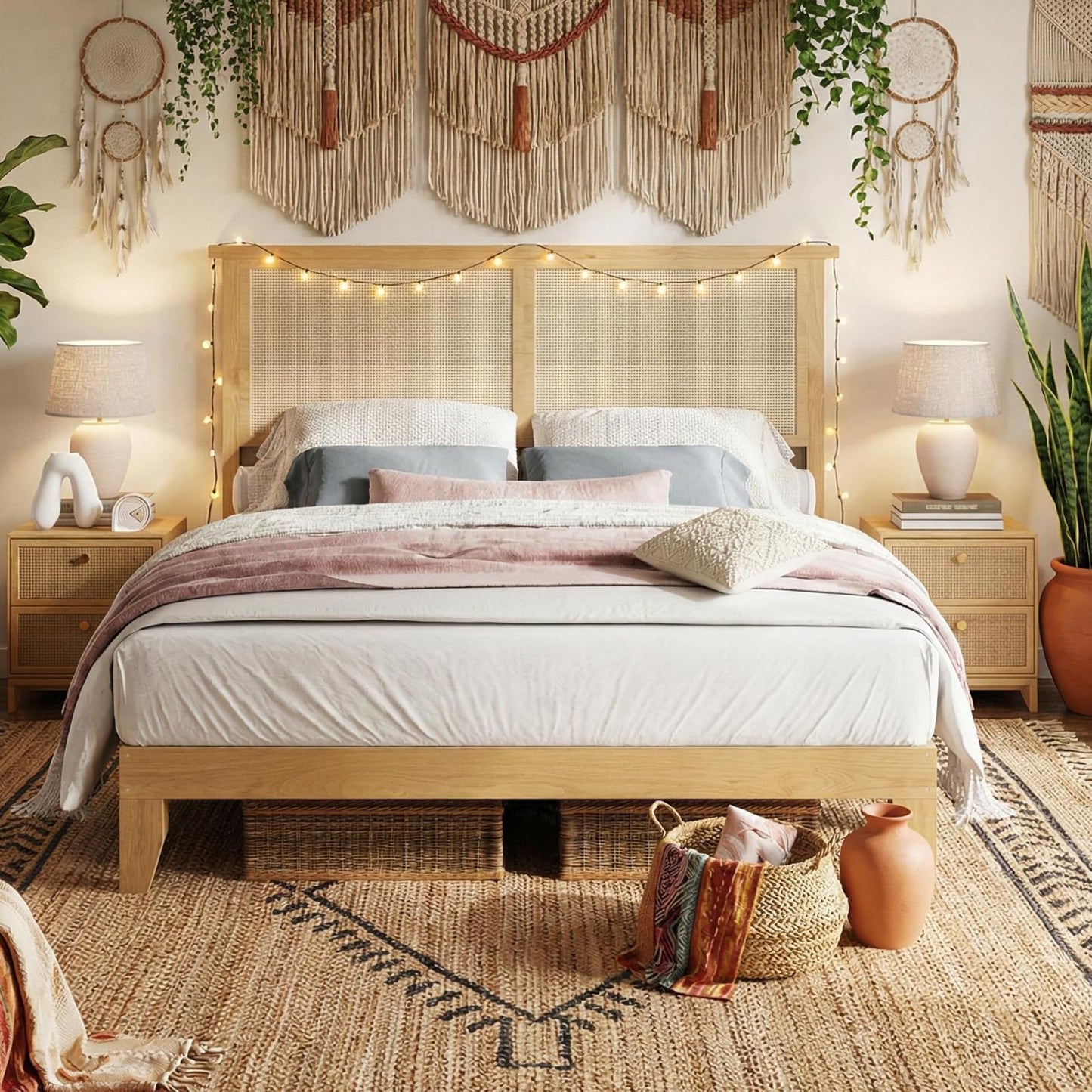 IDEALHOUSE Rattan Bed Frame Queen Size with Natural Rattan Headboard & LED Lights, Wood Queen Bed Frame with Solid Wood Foundation, No Box Spring Needed, Natural