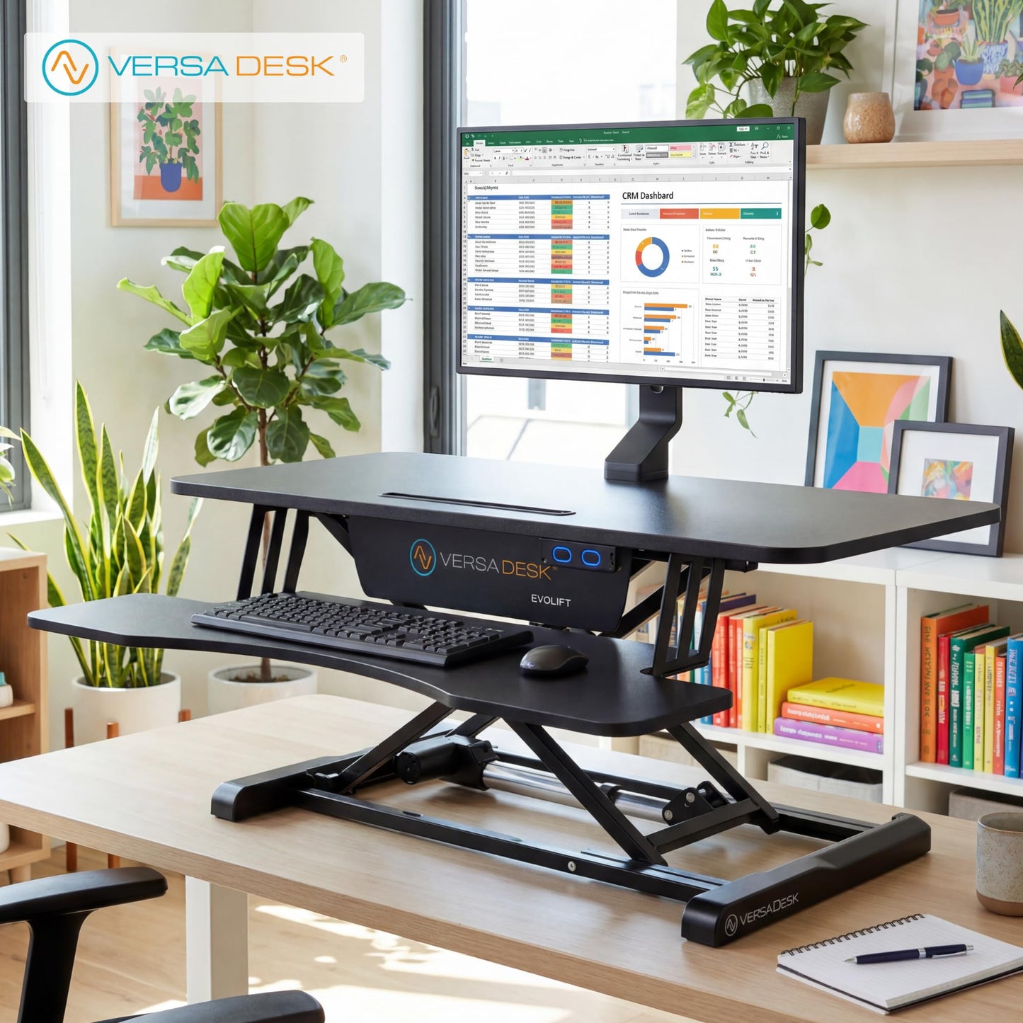 VERSADESK EvoLift 40" Electric Standing Desk Converter, Sit to Stand Motorized Desk Riser, 1-Button Easy Lift, Dual Monitor Workstation, Wide Keyboard Tray, Built-in Device Stand, Black
