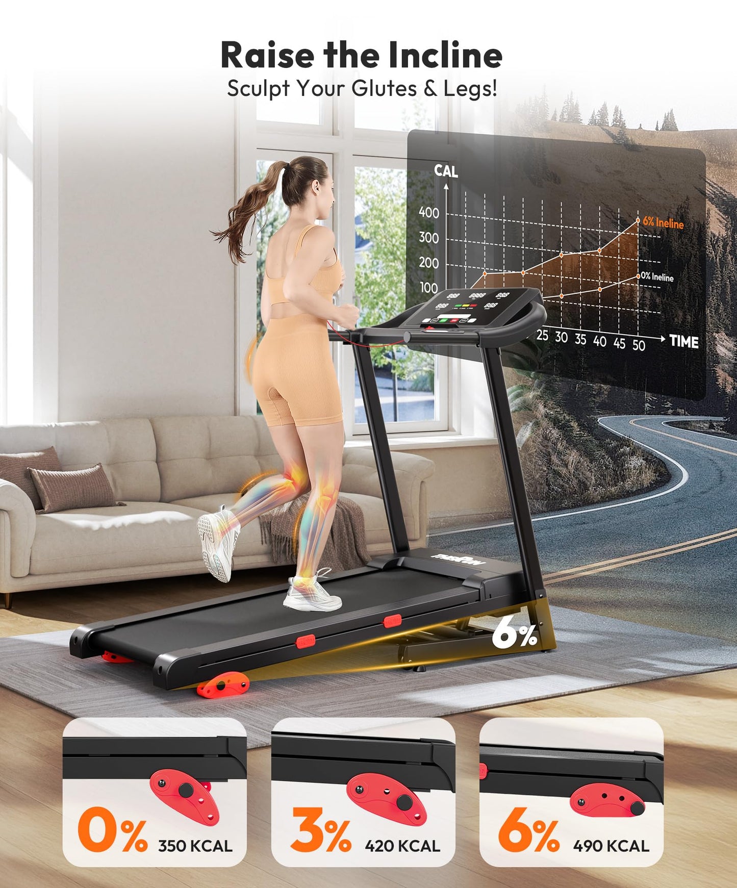 THERUN Incline Treadmill, Running Treadmills with Incline, Foldable Treadmills Heart Rate Sensors, 18″LED Display Manual Adjustment, 3.0HP Treadmill for Indoor Fitness Workouts, Black Red