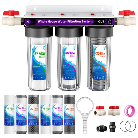Whole House Water Filter System, 3-Stage Home Water Filtration System, Extra 2 Sets of Filters, 1.5-2 Years Filter Life, Reduce Chlorine Sediment Taste, 3/4" Ports with 2 Valves, for Well & City Water