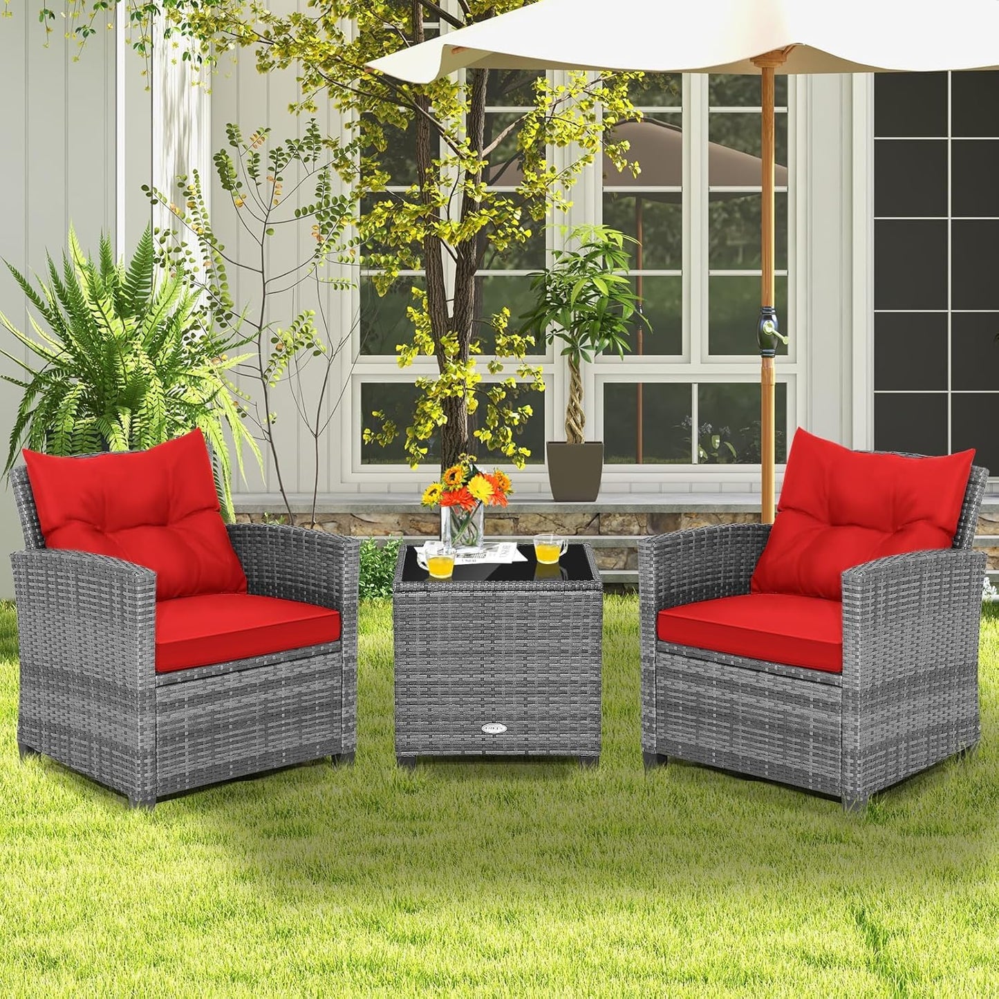 LDAILY Patio Furniture Set, 3 Pieces PE Rattan Wicker Patio Sofa Chairs with Washable Cushion & Glass Table, Outdoor Furniture Conversation Sets for Porch, Balcony, Garden, Poolside (Red)