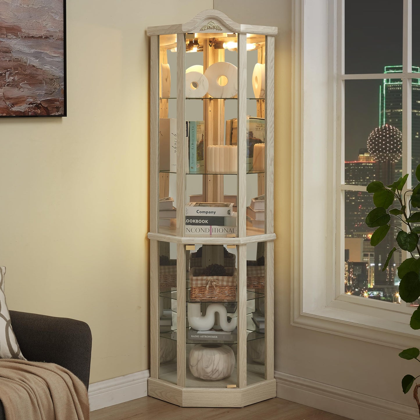 KEIKI 72" Corner Glass Display Cabinet with Adjustable Shelves, for Collectibles, Storage Curio Cabinet with Arched Floral Carving Decoration, 6-Tier Showcase Display Case, for Living Room, White