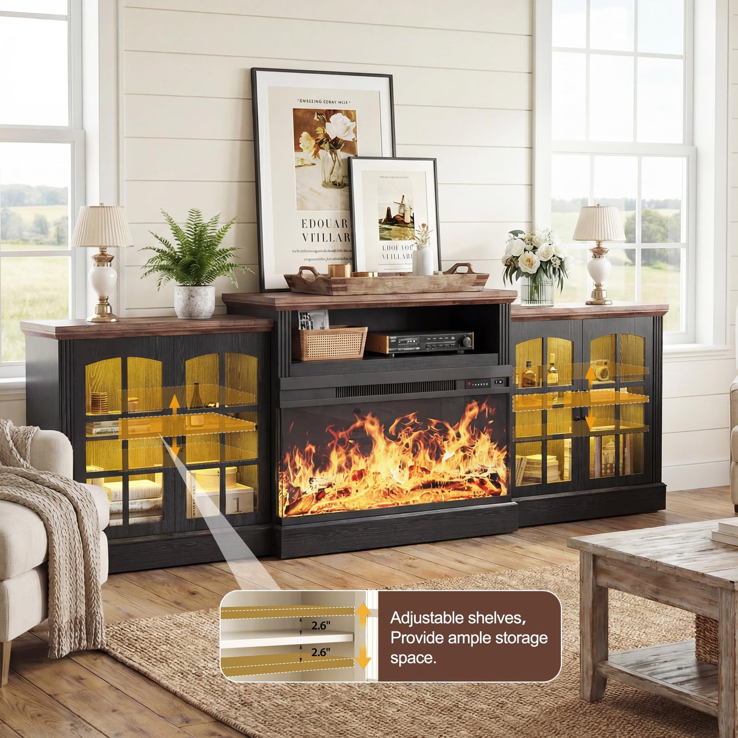 97" Farmhouse Fireplace TV Stand for TVs Up to 100", Entertainment Center with 36" 3-Sided Glass Electric Fireplace, 12 Flame Colors & LED Light Modes, Media Console for Living Room, Black