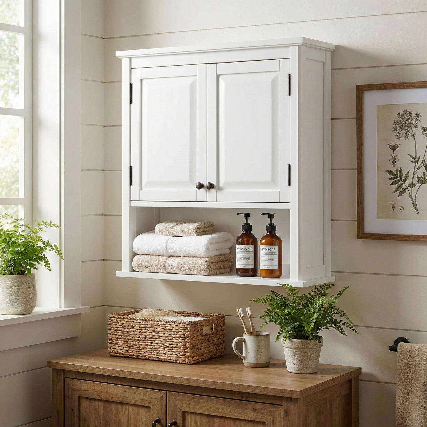 Dorset Bathroom Wall Cabinet - Over the Toilet Storage and Medicine Cabinet with Adjustable Shelves, 2 Doors, and an Open Shelf to Organize Bathroom Essentials by Alaterre Furniture (White)