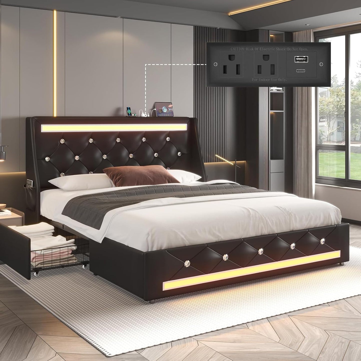 GDFStudio Queen Bed Frame with 2 Storage Drawers & Charging Station, Faux Leather Upholstered Platform Bed Frame with LED Wingback Diamond Headboard, Metal Slats Support, No Box Spring Needed, Black