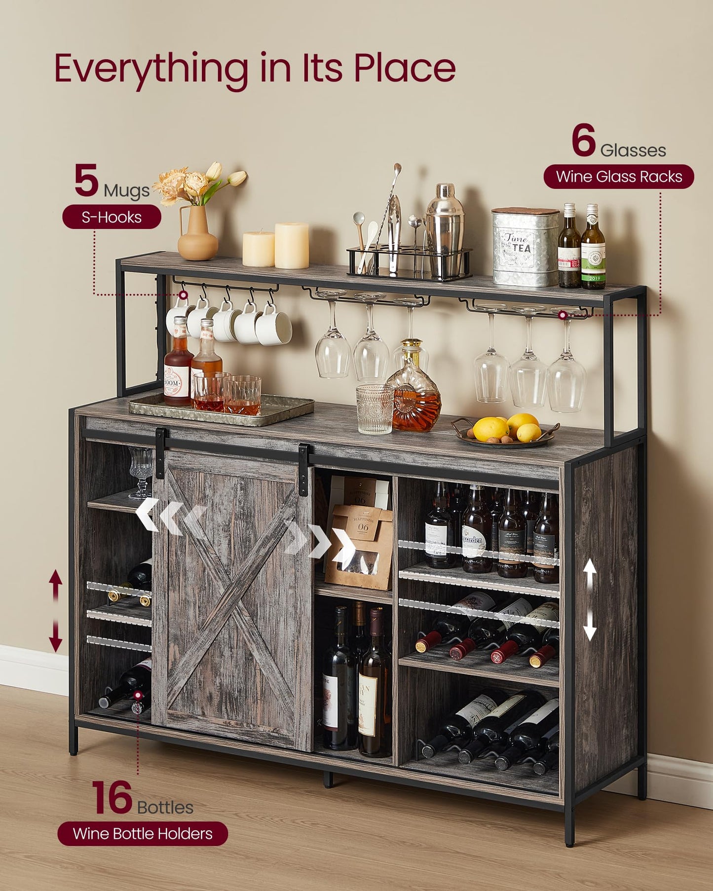 VASAGLE Coffee Bar Cabinet with Power Outlet and Voice Control LED Light, Buffet Cabinet with Sliding Barn Doors, S Hooks, Wine Glass Racks, Bottle Holders, Maple Gray ULSC201G01
