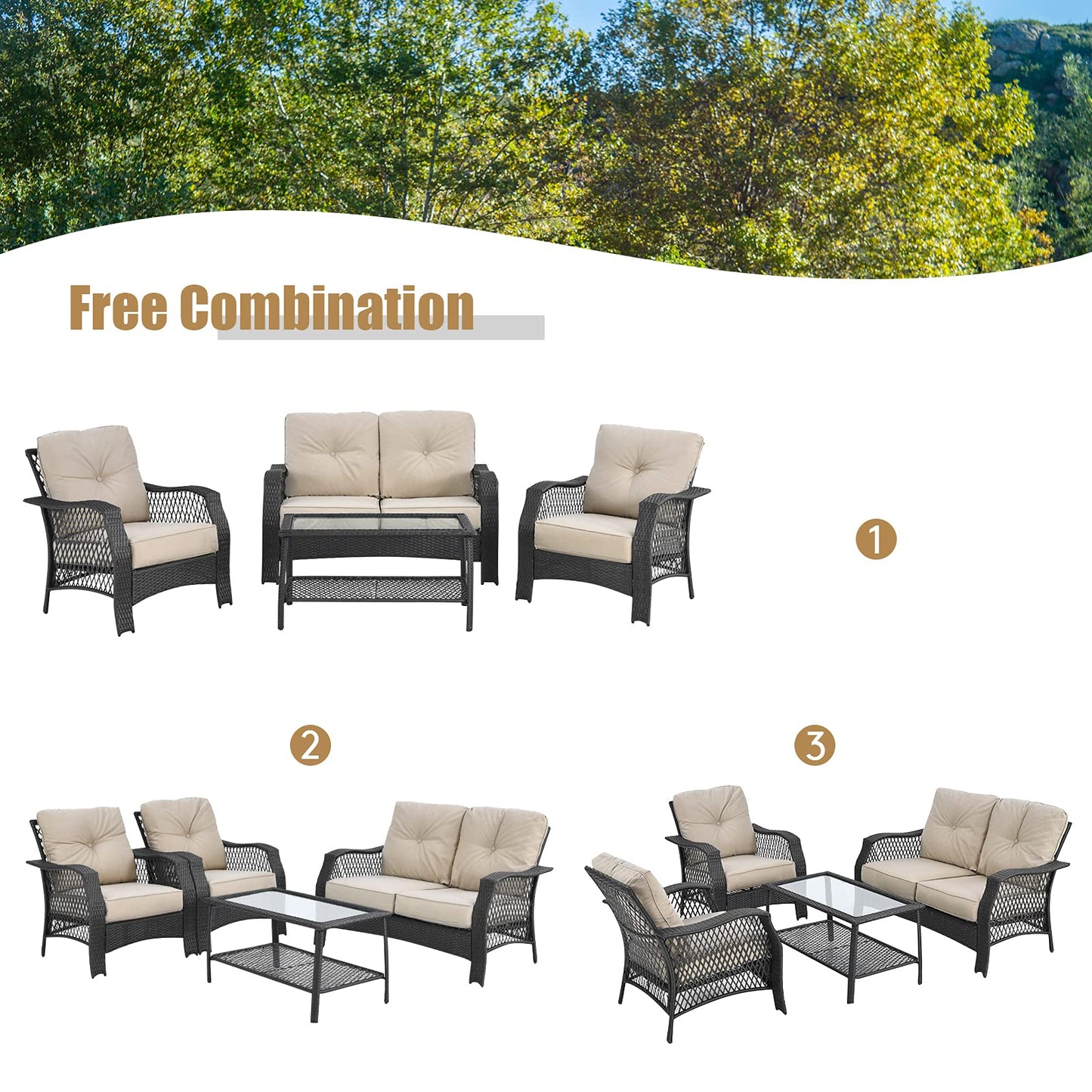 Tangkula 4 Pieces Outdoor Patio Furniture Set, Patiojoy PE Wicker Conversation Sofa Set with Tempered Glass Coffee Table, Sectional Rattan Patio Sofa Set for Garden, Backyard, Poolside (Beige)