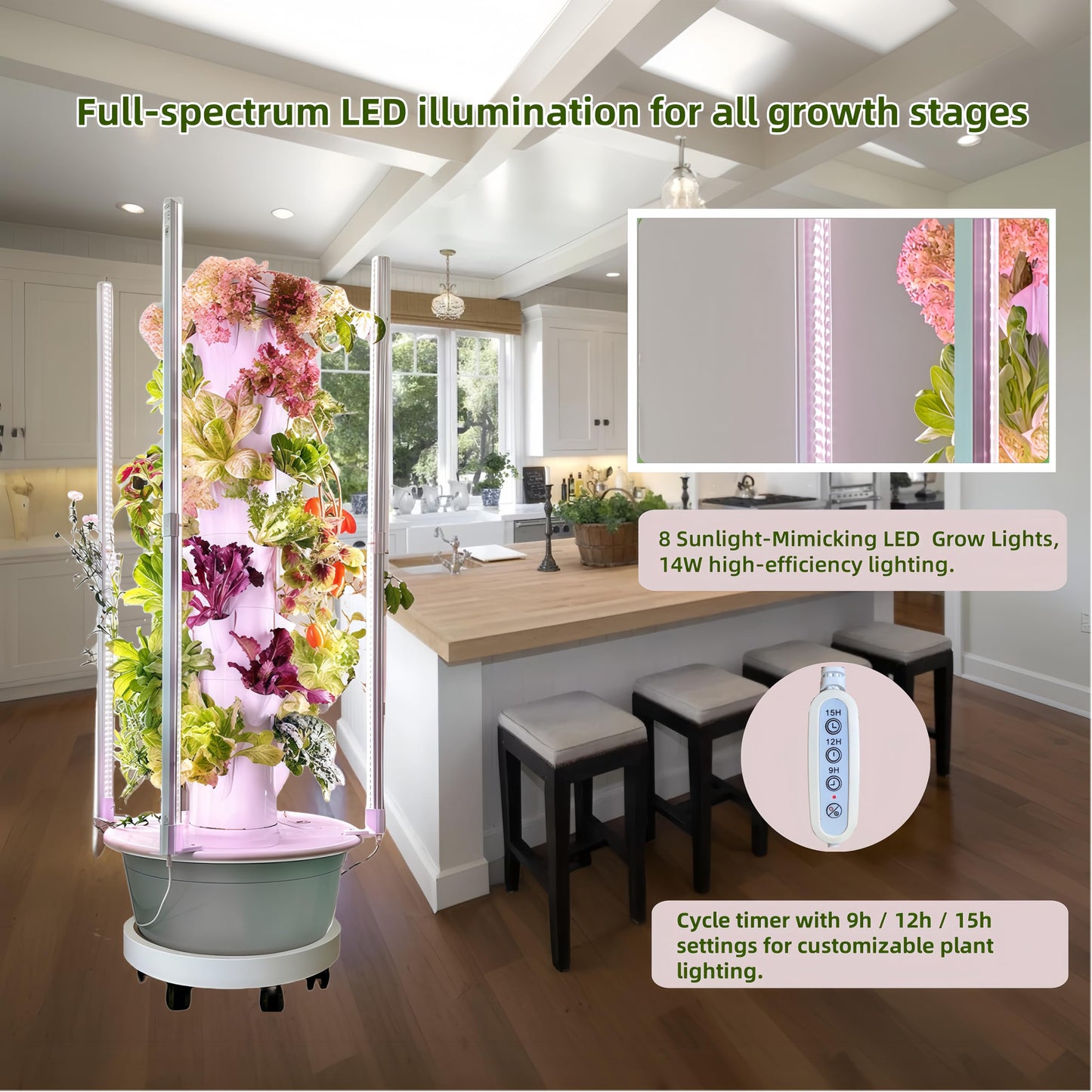 Hydroponic Growing Tower with LED Lights, 8-Layer 32 Large Planting Sites, Automatic Watering System with Dual Timer, Indoor Vertical Garden for Tomatoes, Peppers, Cucumbers, Herbs and Vegetables