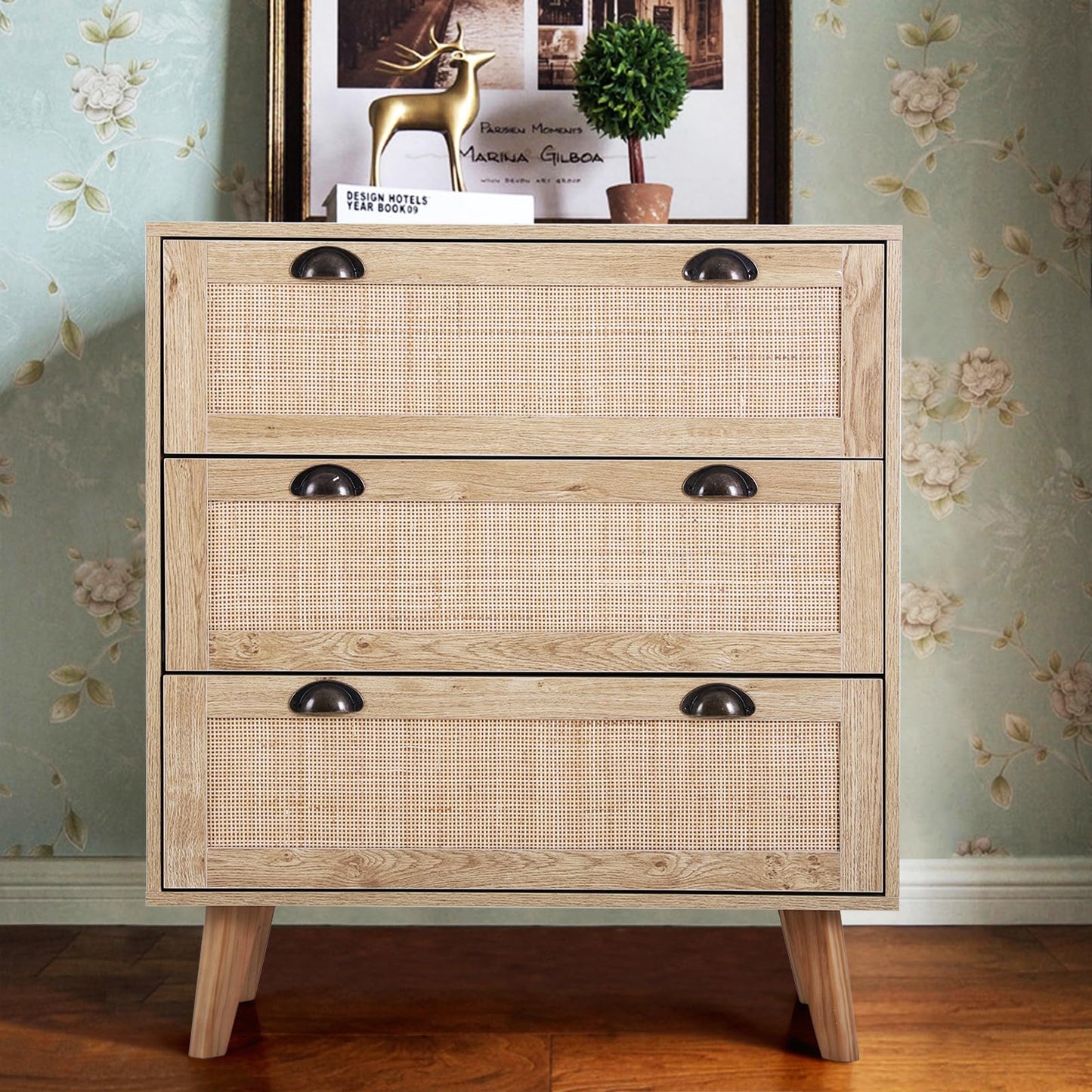 Sophia & William Rattan Cabinet Boho Dresser 3-Drawer Rattan Nightstand Chest of Drawers