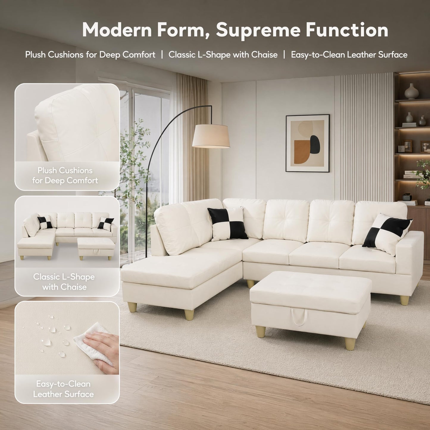 NicBex Sectional Couches for Living Room 2-Piece Modern Sectional Sofa with Left Chaise Classic L-Shape Sectional Couch Leather Upholstered Sofa Couches for Living Room, Office, Bright White