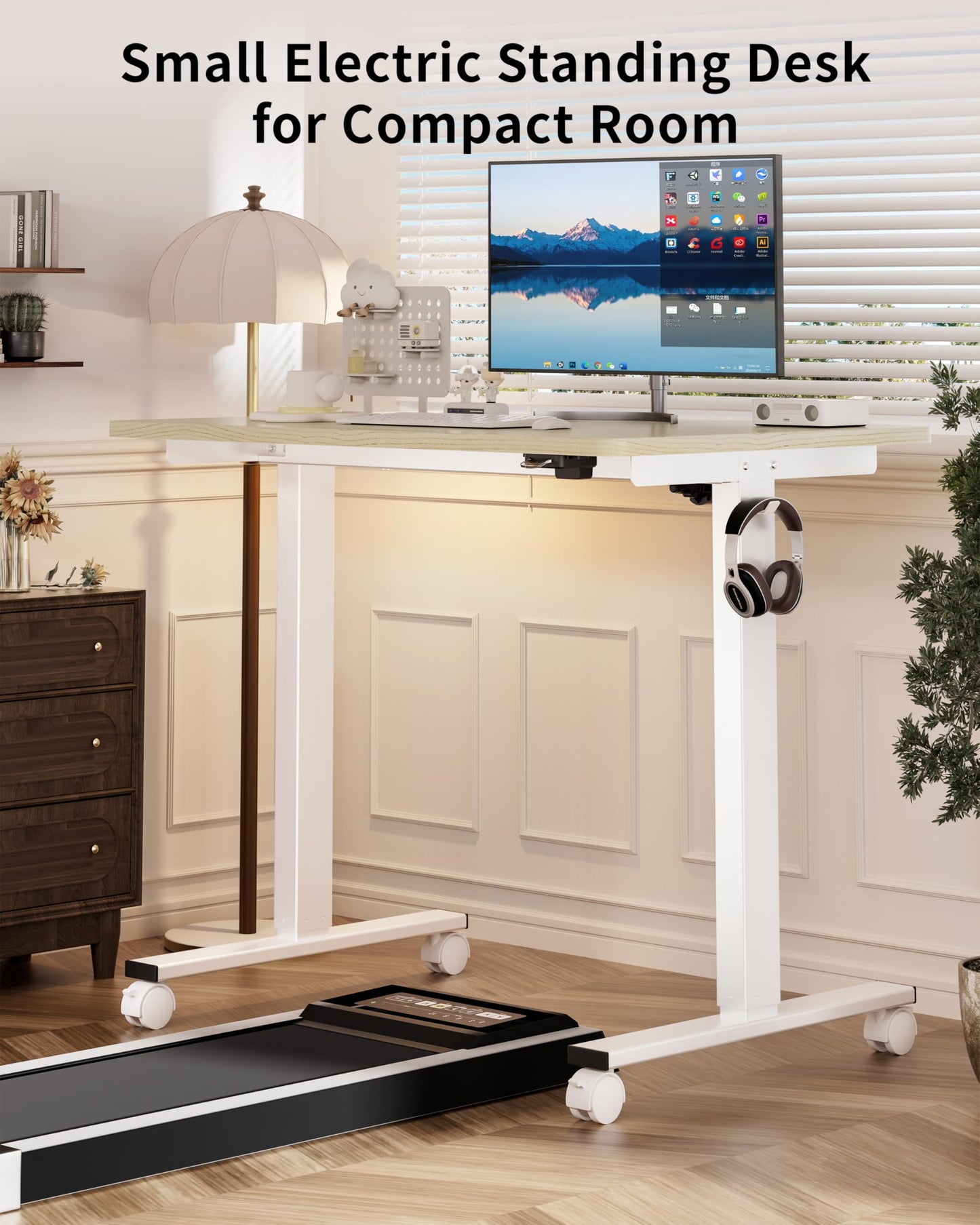 Okin Electric Standing Desk, 40 x 24 Inches Whole Piece Height Adjustable Desk, Oak Sit to Stand Desks Computer Workstation with Wheels for Home Office