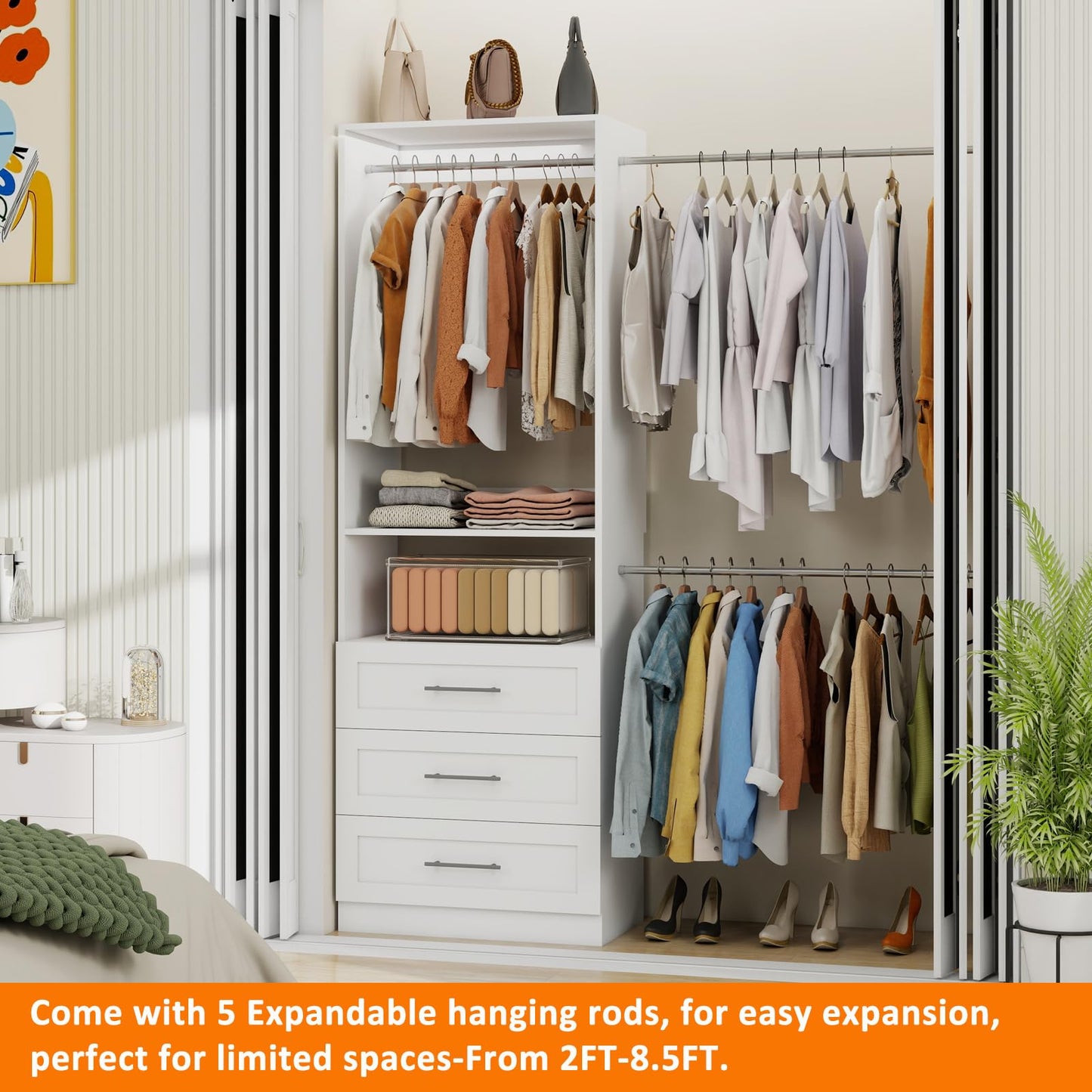 Secilix 5–9FT Closet System with 3 Wood Drawers, Closet Organizer System with 5 Expandable Hanging Rods, Walk-in Closet System with Shelves, Wall Mounted Built-in Closet Organization System