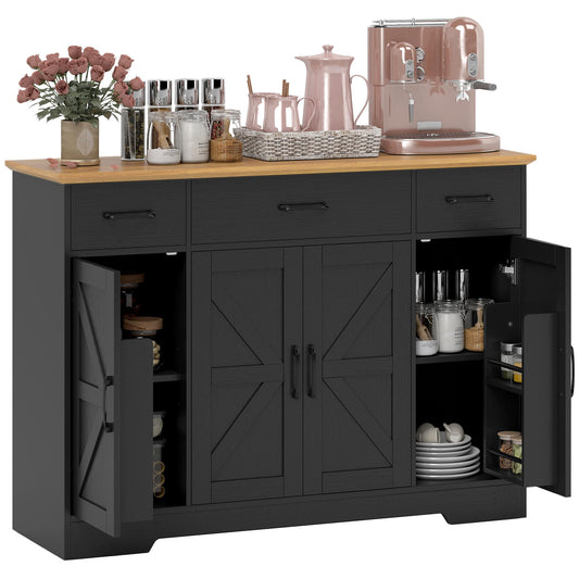 HOMCOM 47" Sideboard Buffet Cabinet, Farmhouse Credenza with Soft-Close Hinges, Coffee Bar Cabinet with Spice Racks, 3 Drawers and 3 Adjustable Shelves, Black
