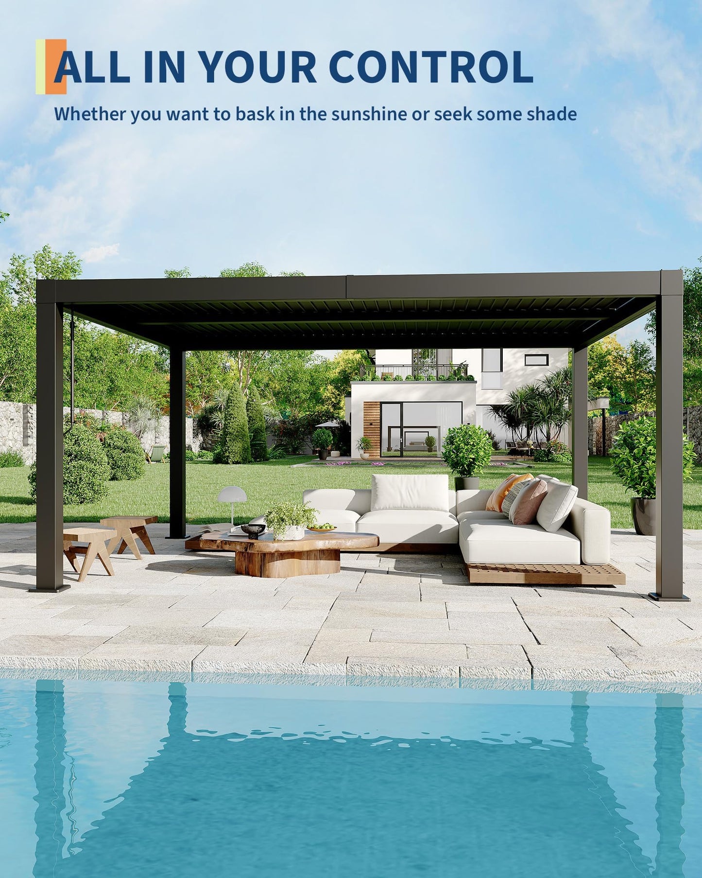 Louvered Pergola, Outdoor Pergola with Adjustable Louvered Roof, Reinforced Aluminum Frame, Integrated Drainage System, Hardtop Gazebo for Patio