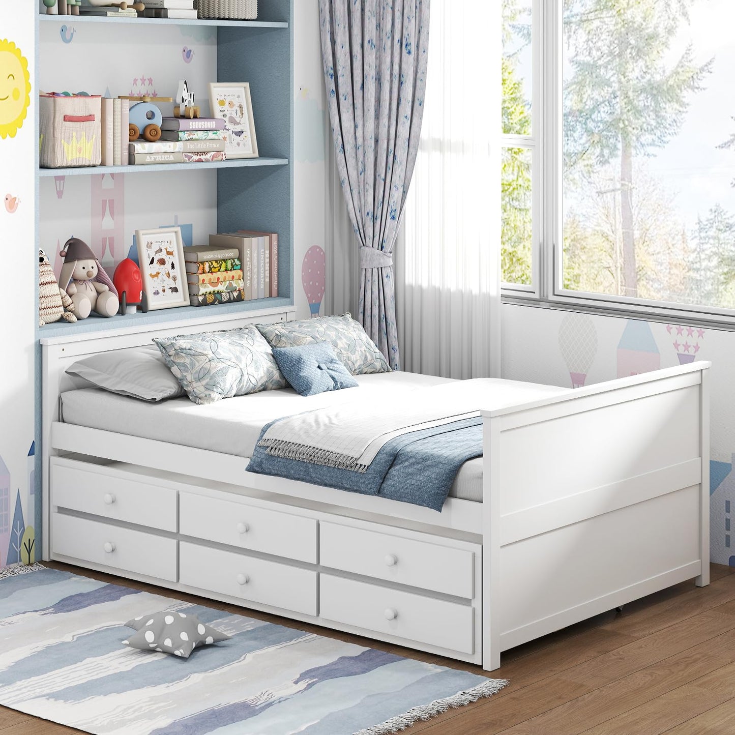Giantex Full Size Bed Frame with Twin Trundle & 3 Storage Drawers, Modern Platform Bed with Headboard & Footboard, Wooden Slats Support Captain Bed for Teens Adults, No Box Spring Needed, White